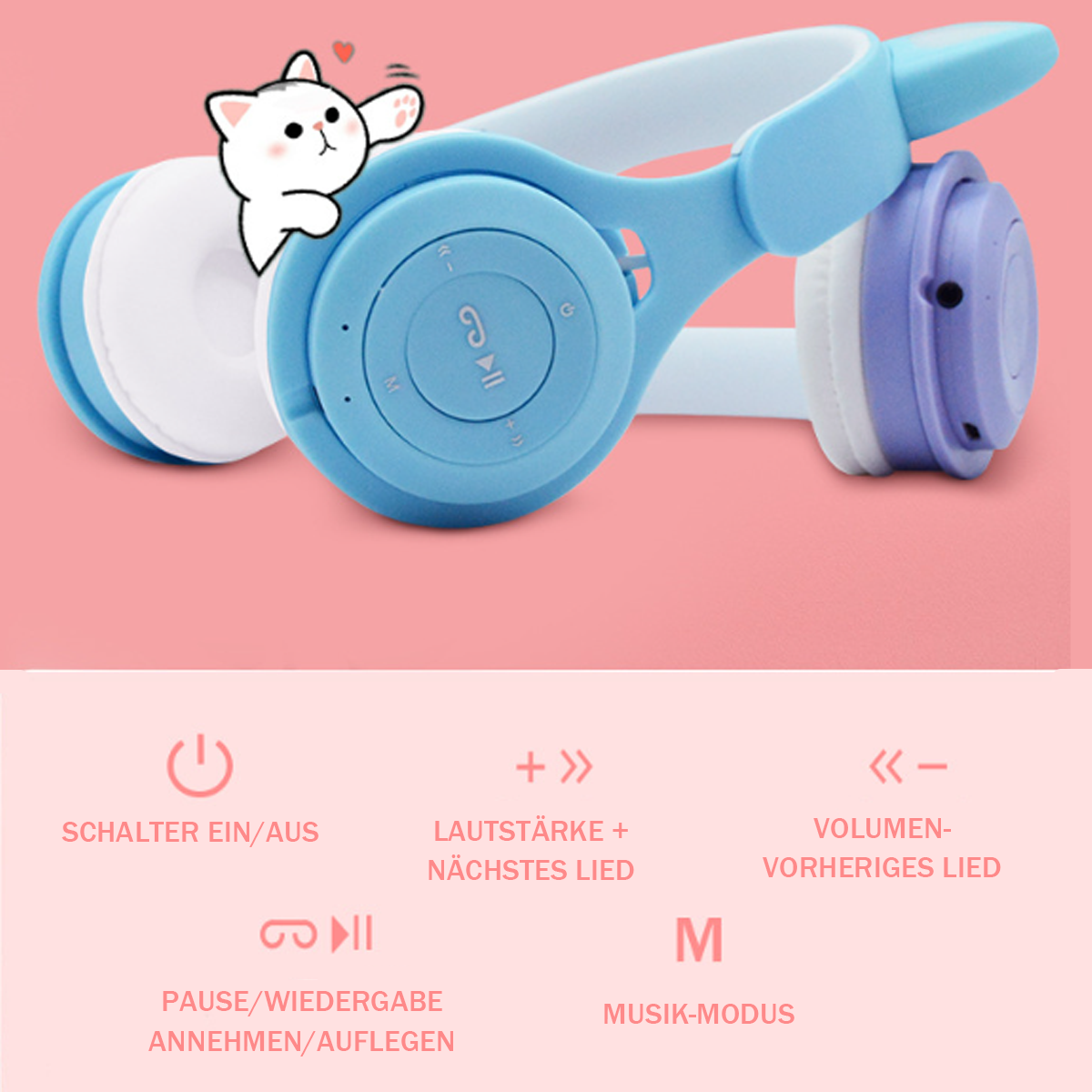 Blaue und weiße Kopfhörer mit Knöpfen und einer Cartoon-Katzenillustration auf rosa Hintergrund.