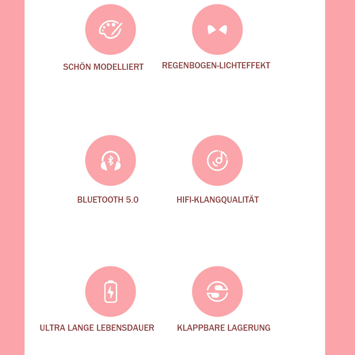 Rosa Hintergrund mit Symbolen und Text. Enthält Bluetooth, HiFi-Qualität und lange Lebensdauer.