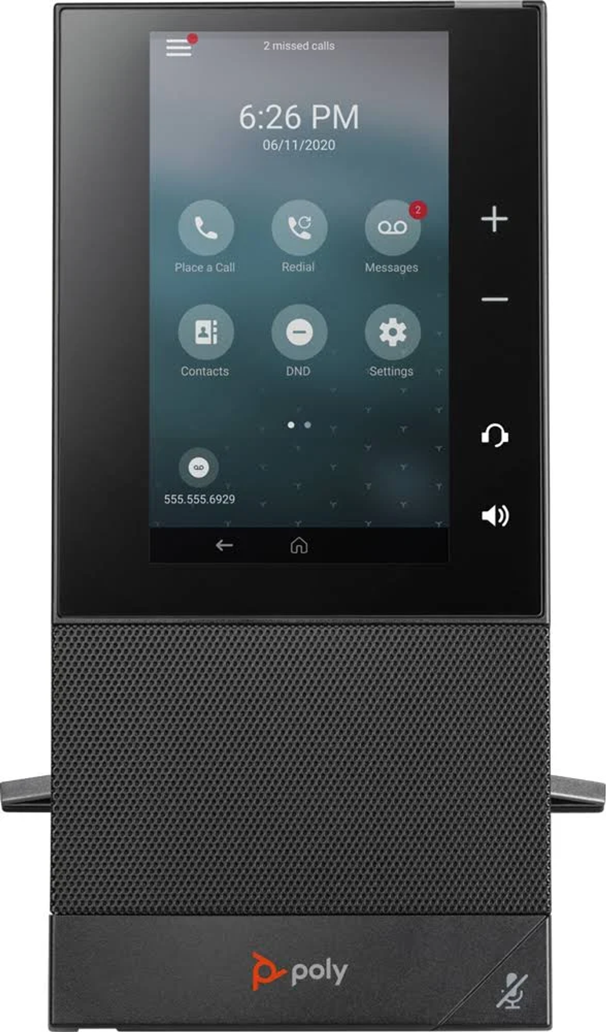Schwarzes Polycom-Telefon mit großem Bildschirm, der Zeit und Anrufoptionen anzeigt. Es hat eine Lautsprecherbasis.