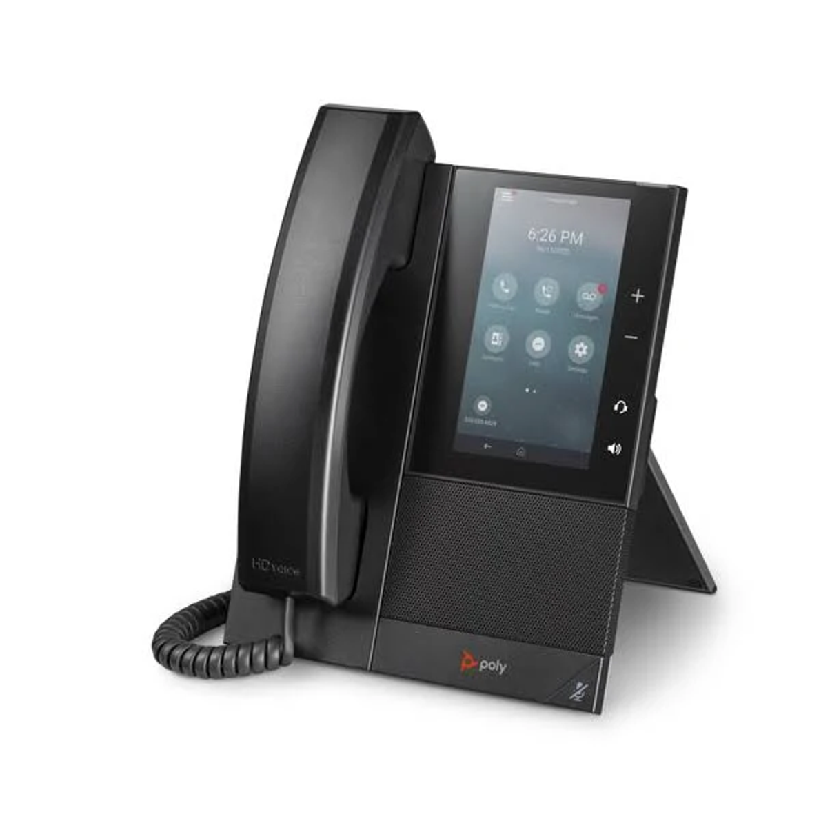 Schwarzes Telefon mit Bildschirm, der 18:26 Uhr anzeigt, Plus- und Minus-Tasten. Poly-Logo unten.