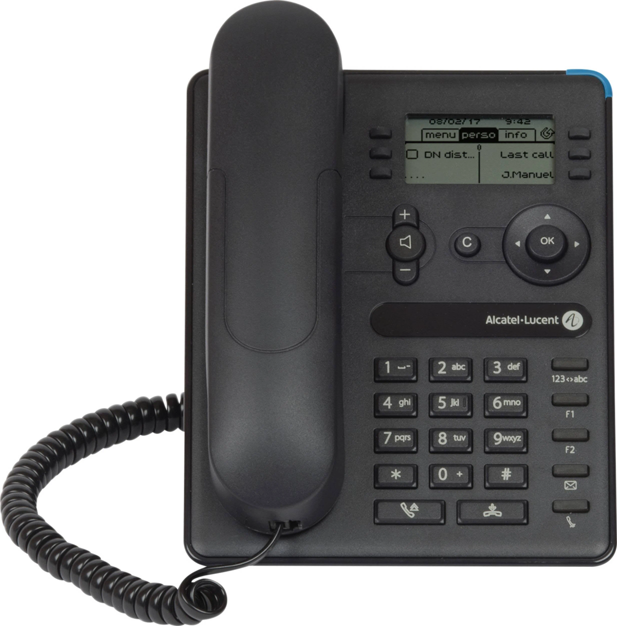 Un telefono da ufficio nero con pulsanti, un display e un cavo a spirale.