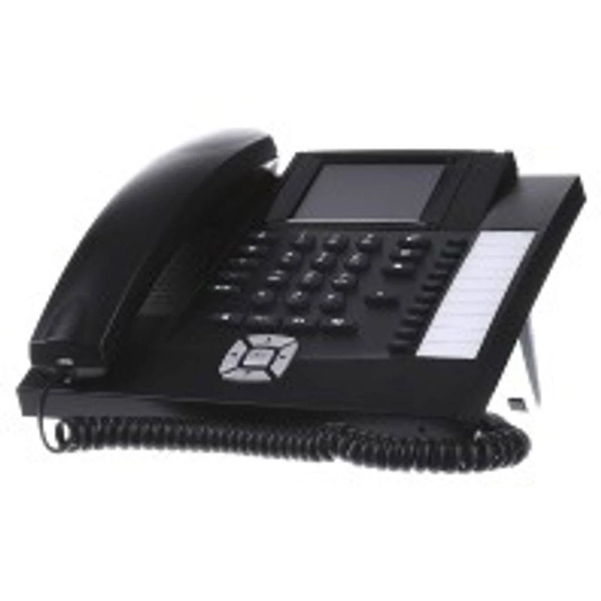 Schwarzes Tischtelefon mit Bildschirm, Ziffernblock und Hörer. Isoliert auf weißem Hintergrund.