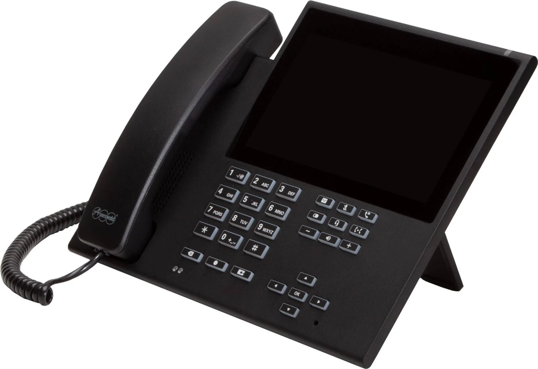Telefono da scrivania nero con schermo grande e tastiera. La base include un supporto.