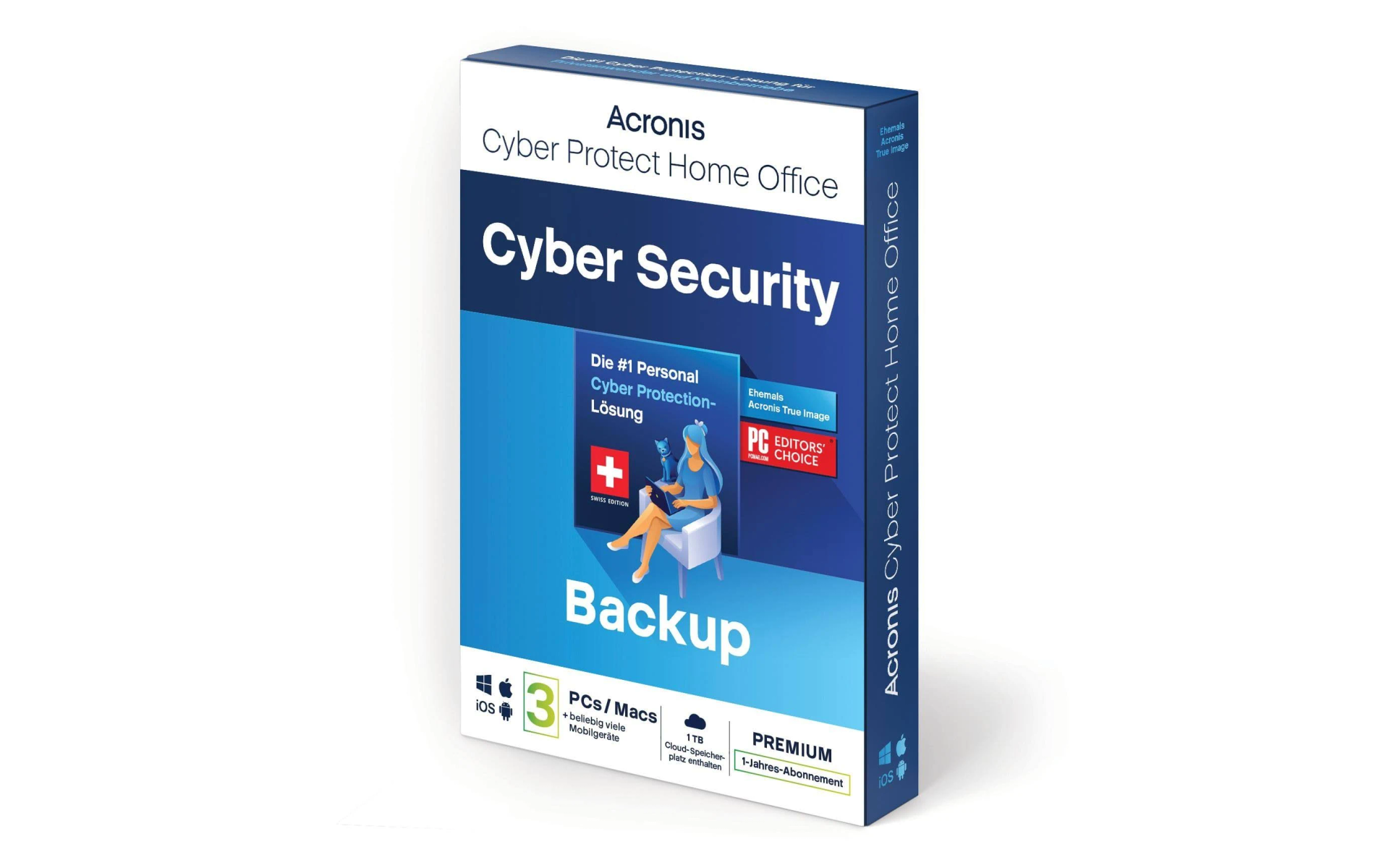 Scatola blu con software Acronis Cyber Security Backup. Include testo e immagine.