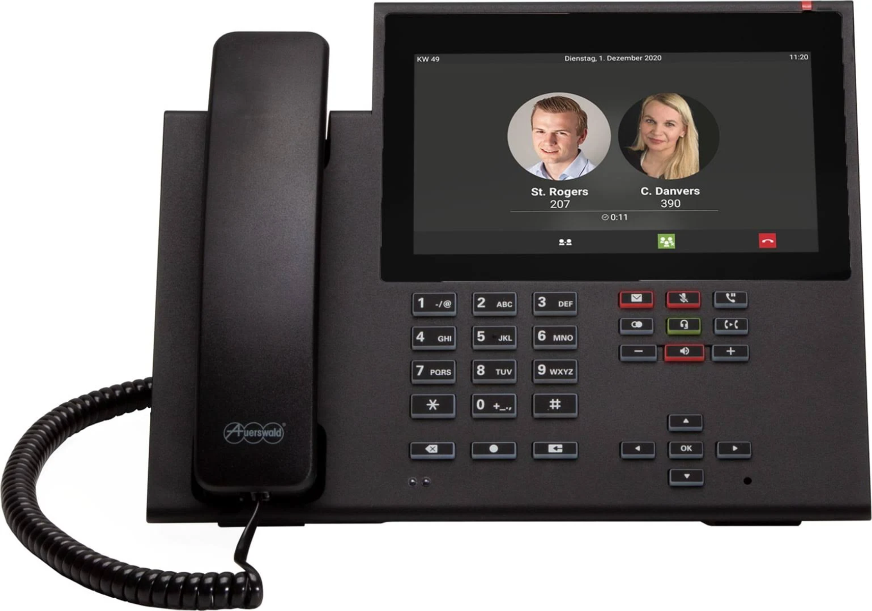 Telefono da ufficio nero con schermo che mostra due persone in videochiamata.
