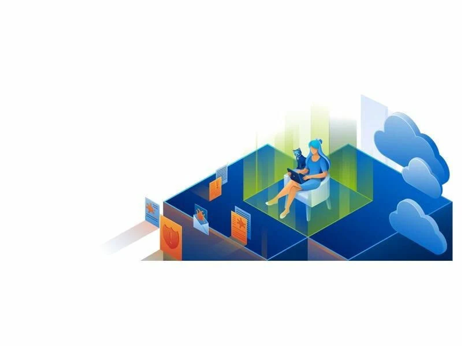 Un'illustrazione isometrica di una donna con un gatto, che lavora su un laptop, con uno sfondo blu e forme di nuvole.