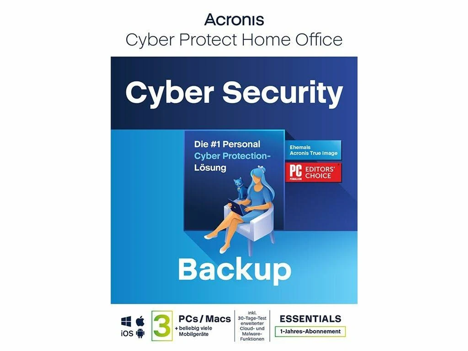 Scatola software di sicurezza informatica con un'illustrazione di una donna, un gatto e la parola Backup.