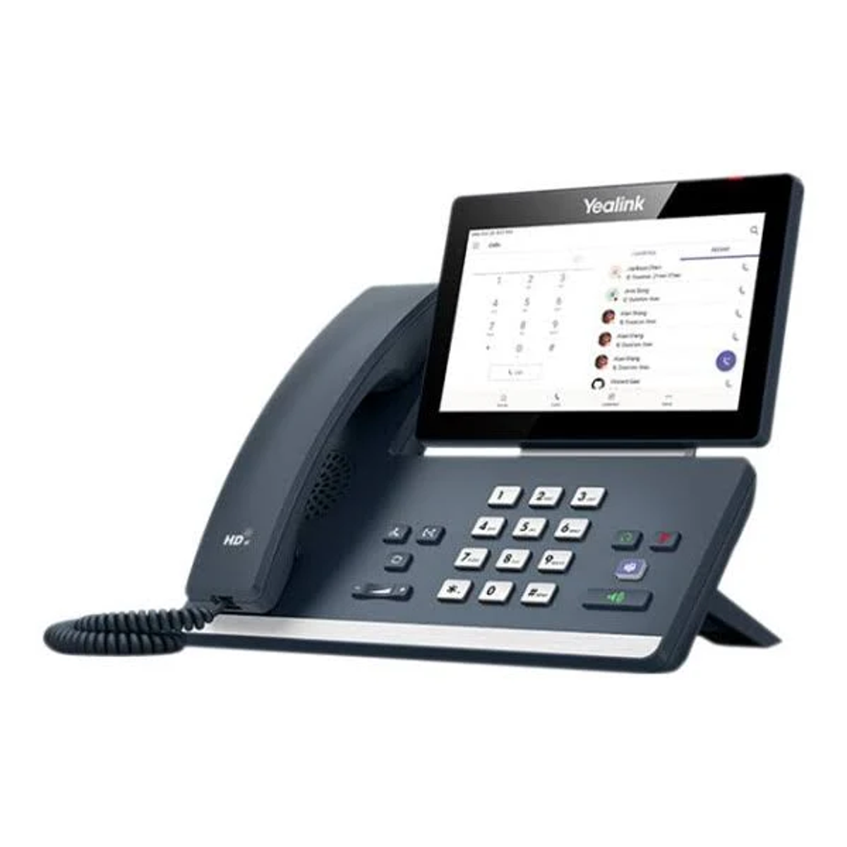Dunkelgraues Telefon mit großem Bildschirm, der eine Wähltastatur anzeigt. Eine Basis stützt es.