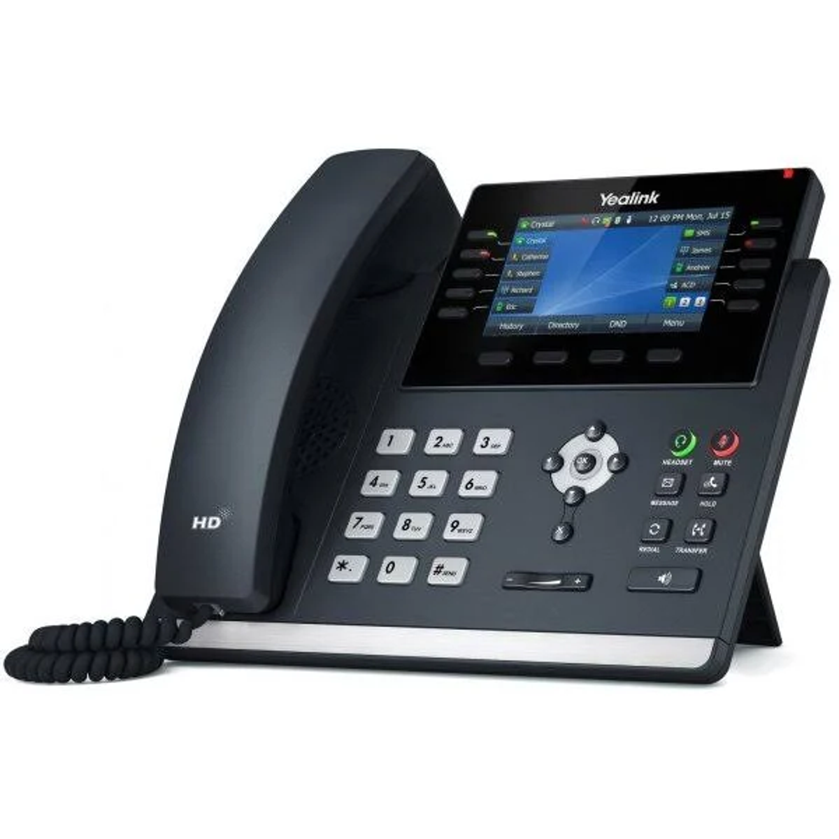 Schwarzes Yealink Bürotelefon mit Bildschirm, Tastatur und Hörer. Weißer Hintergrund.