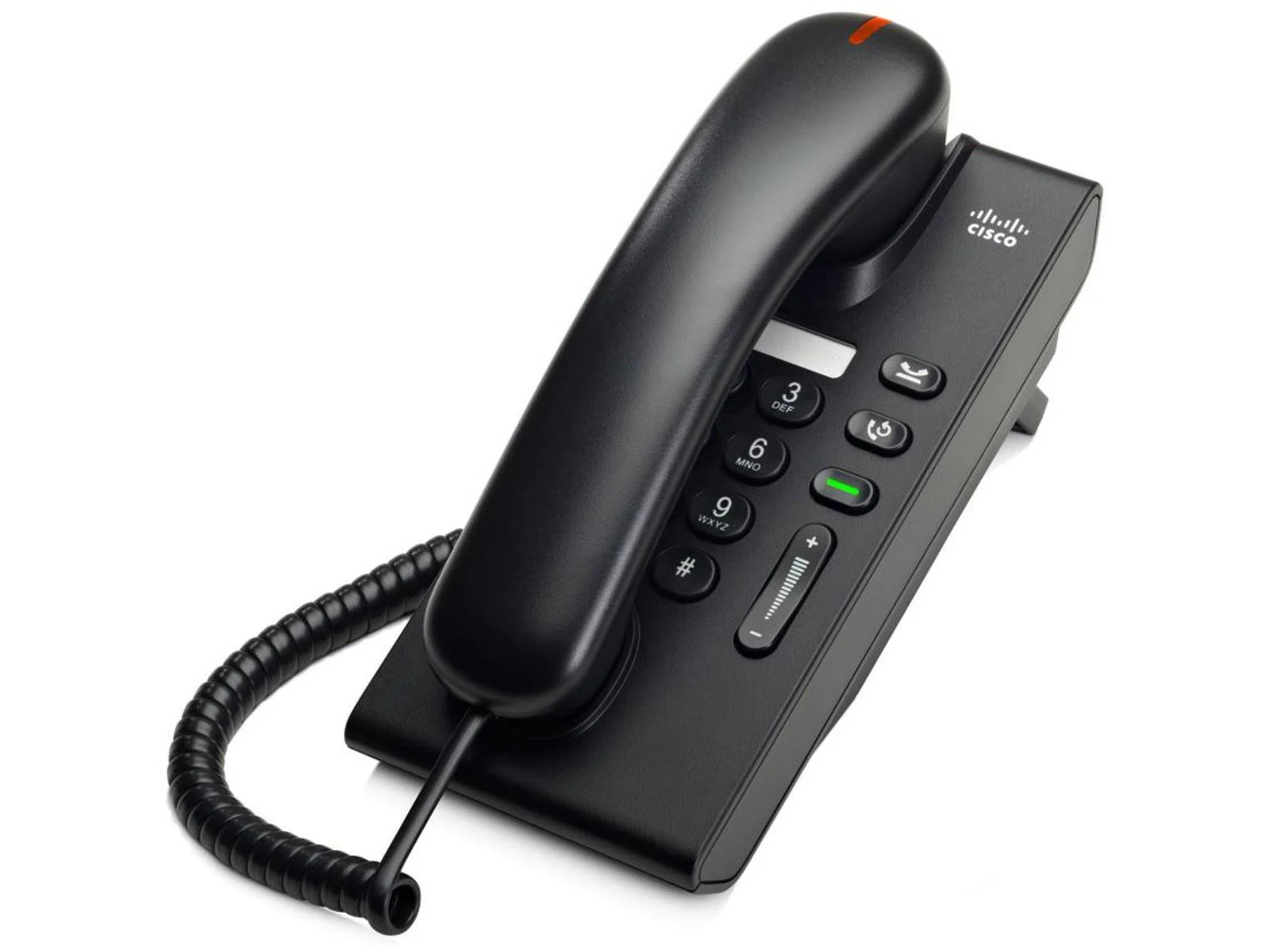 Schwarzes Cisco-Schreibtischtelefon mit Hörer, Knöpfen und Basis. Weißer Hintergrund.