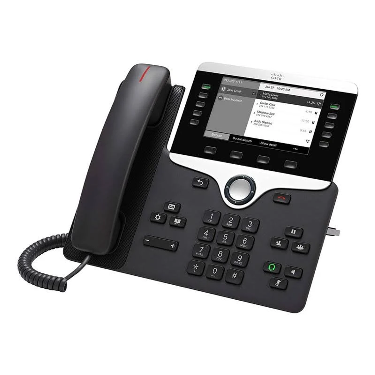 Schwarzes Tischtelefon mit Display und Tasten. Rotes Licht oben.