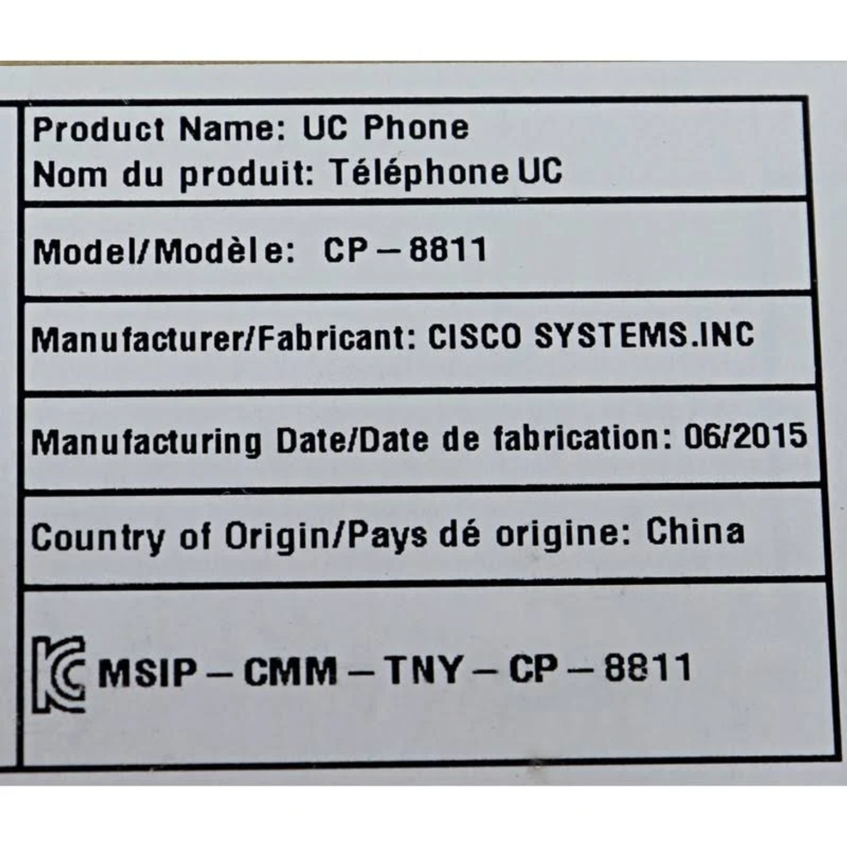 Etikett mit Produktinformationen: Produktname, Modell, Hersteller, Herstellungsdatum und Herkunft.