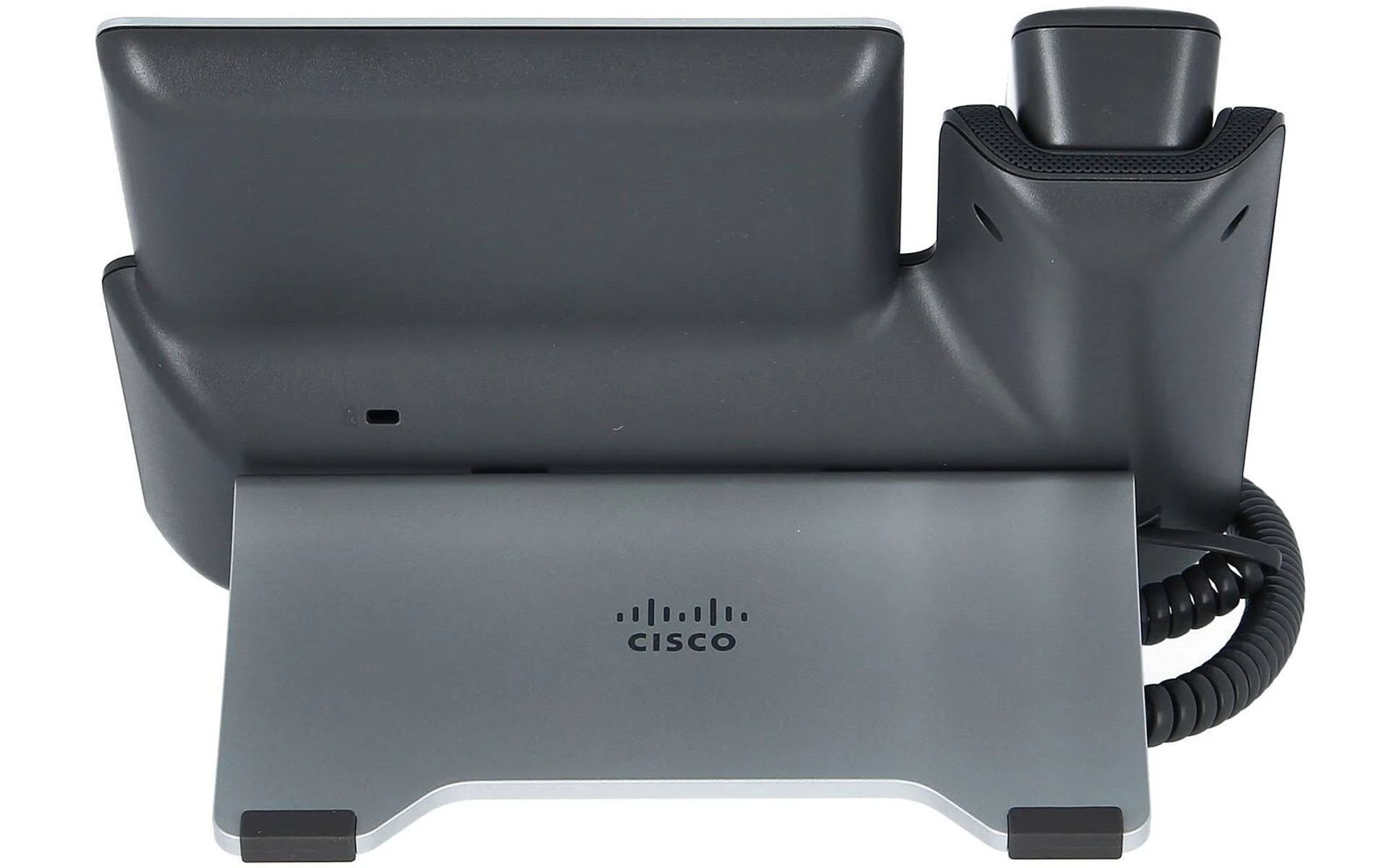 Rückseite eines Cisco-Telefons mit Ständer. Graue Farbe. Schwarzes Kabel befestigt. Cisco-Logo ist sichtbar.