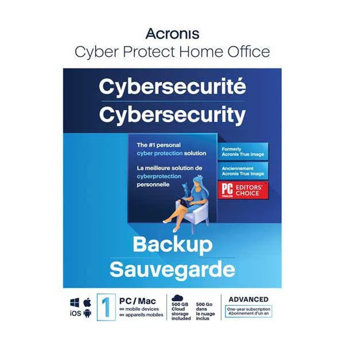 Anuncio de ciberseguridad Acronis. Incluye texto y un gráfico de una persona usando un portátil.