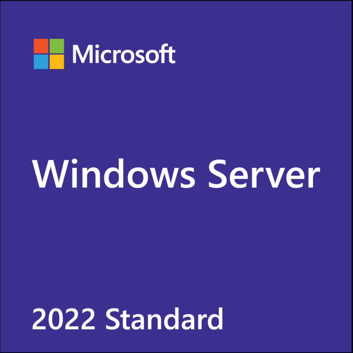 Pudełko Microsoft Windows Server 2022 Standard z logo Microsoft i tekstem 'Windows Server'.