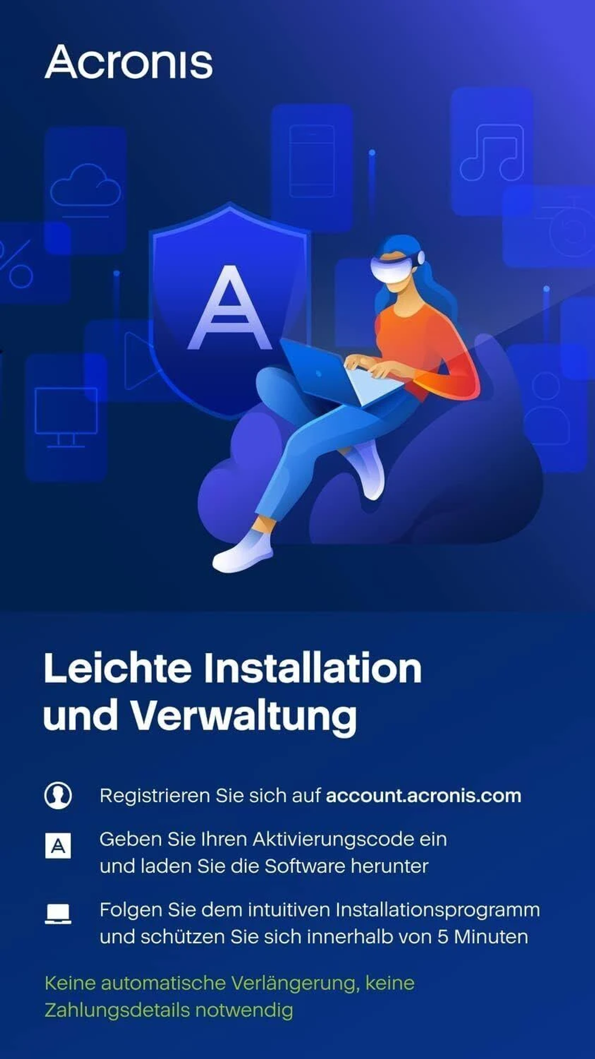 Donna con visore VR con laptop. Logo Acronis sopra, testo su installazione e gestione.
