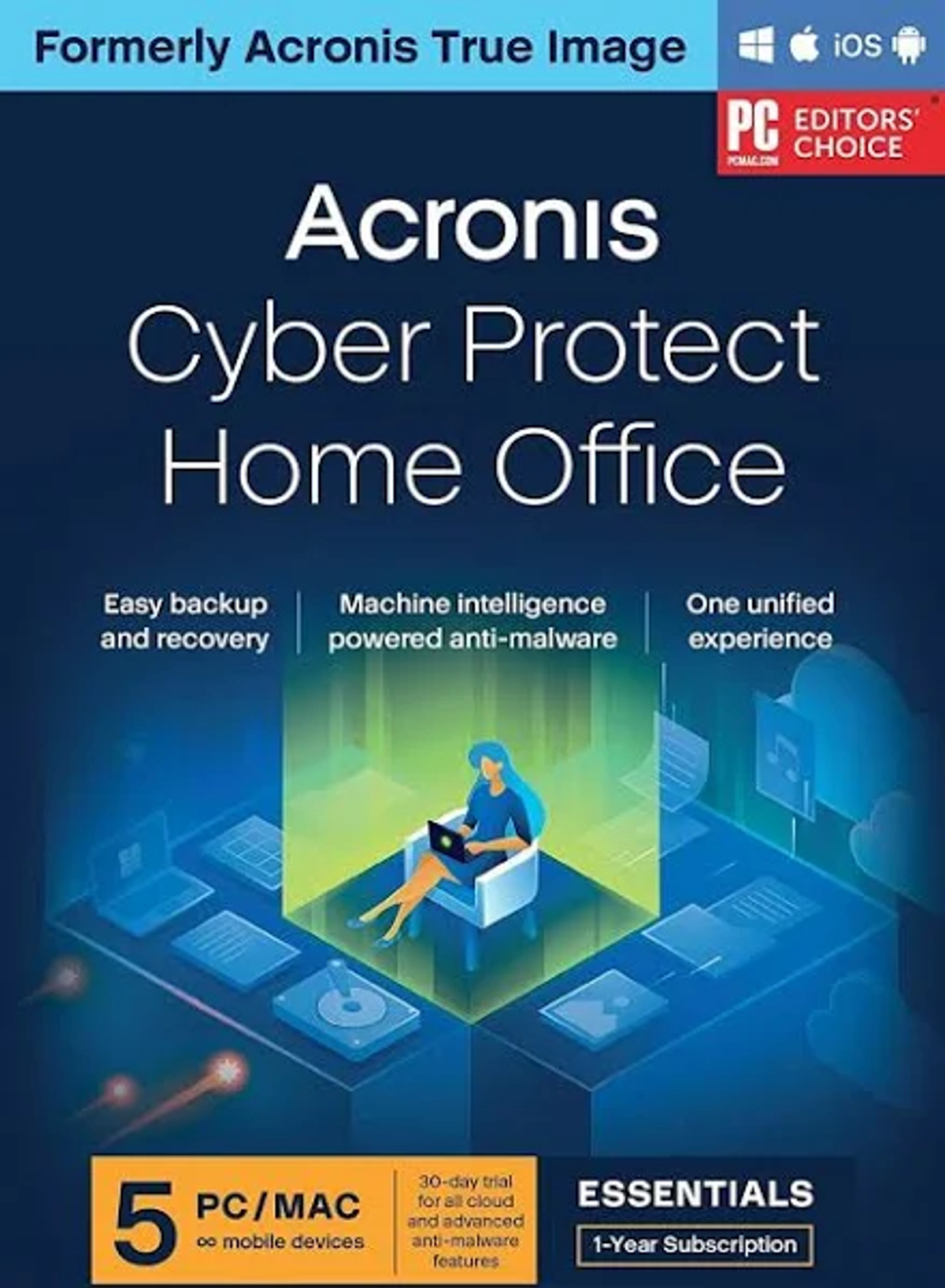 Una copertina per Acronis Cyber Protect Home Office. Include backup, ripristino e anti-malware.