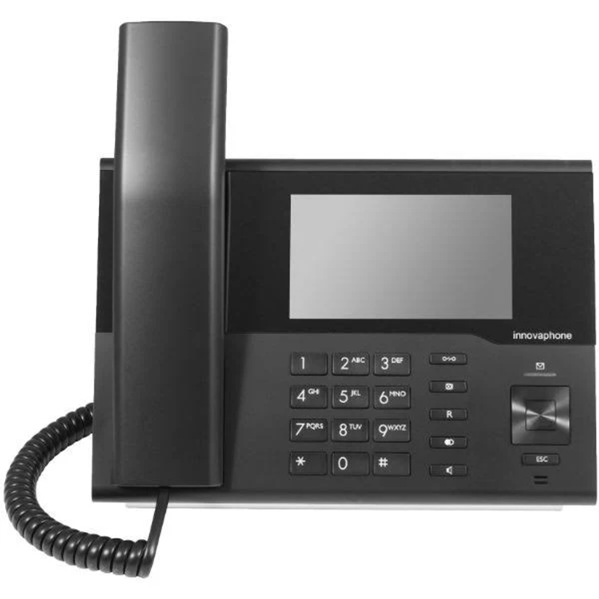 Un telefono IP Innovaphone nero con display, pulsanti e ricevitore.