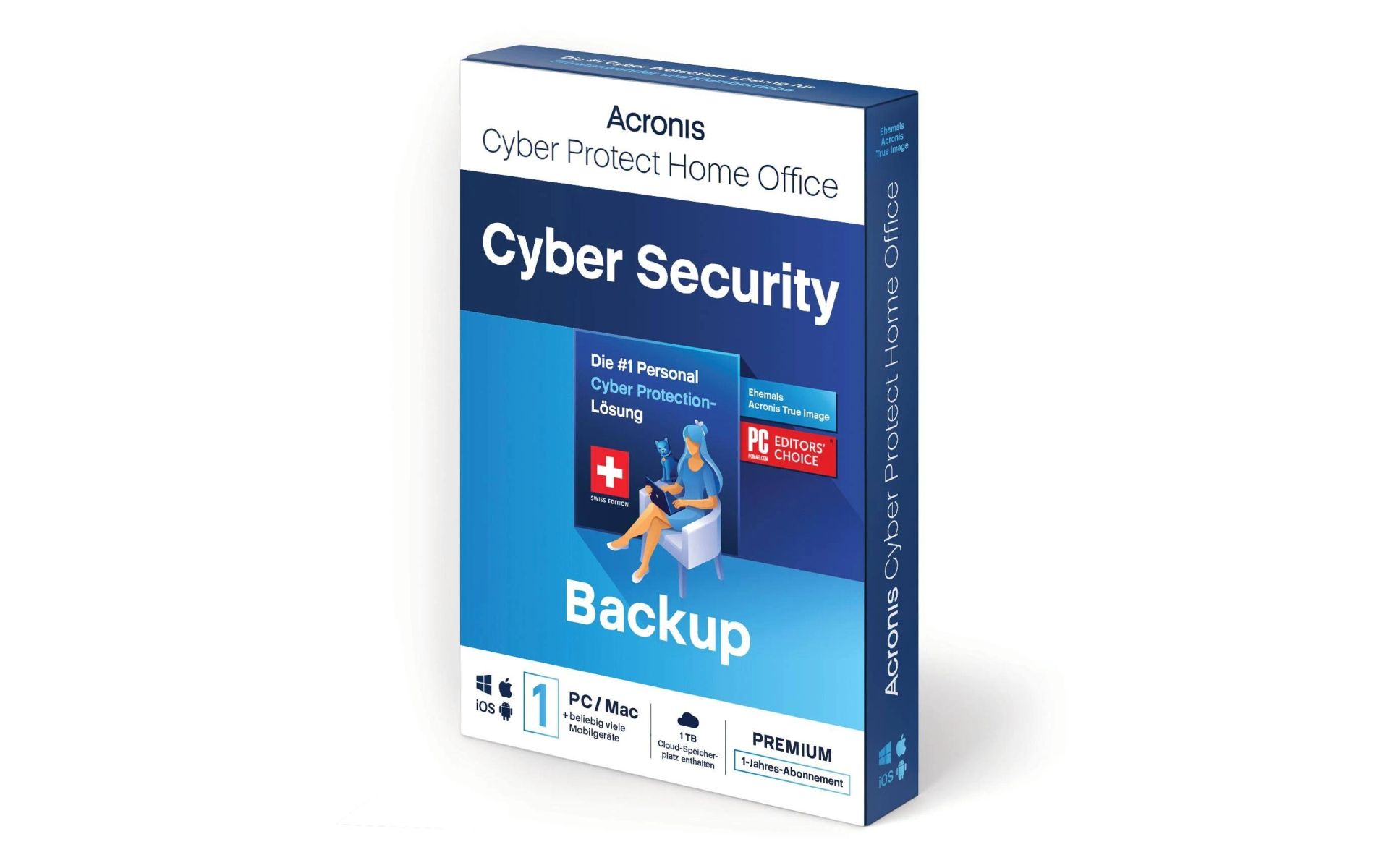 Una scatola software blu e bianca con etichetta "Cyber Security" e "Backup".