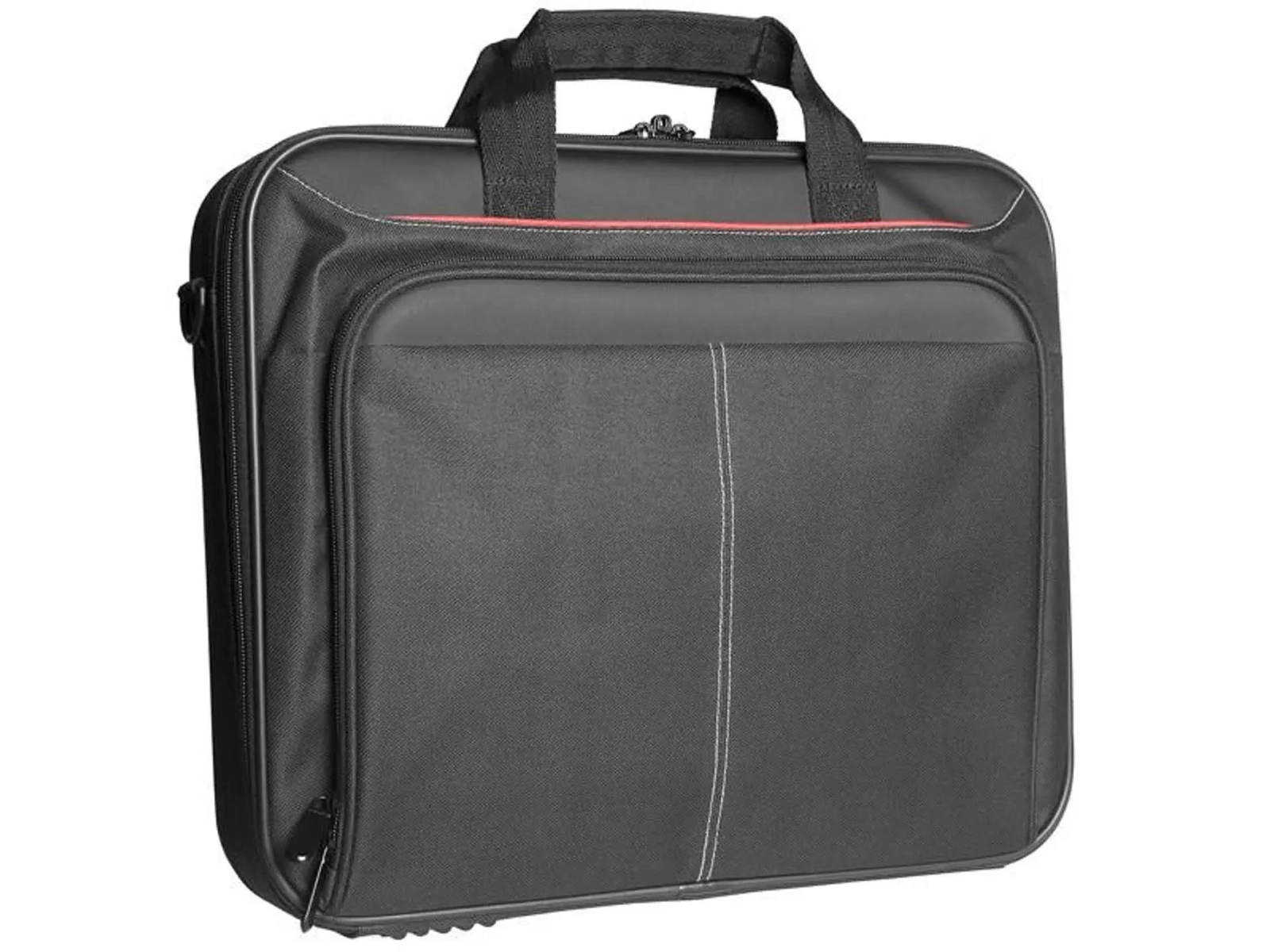 Schwarze Laptoptasche mit Griff, Reißverschluss und weißen Nähten, auf weißem Untergrund.