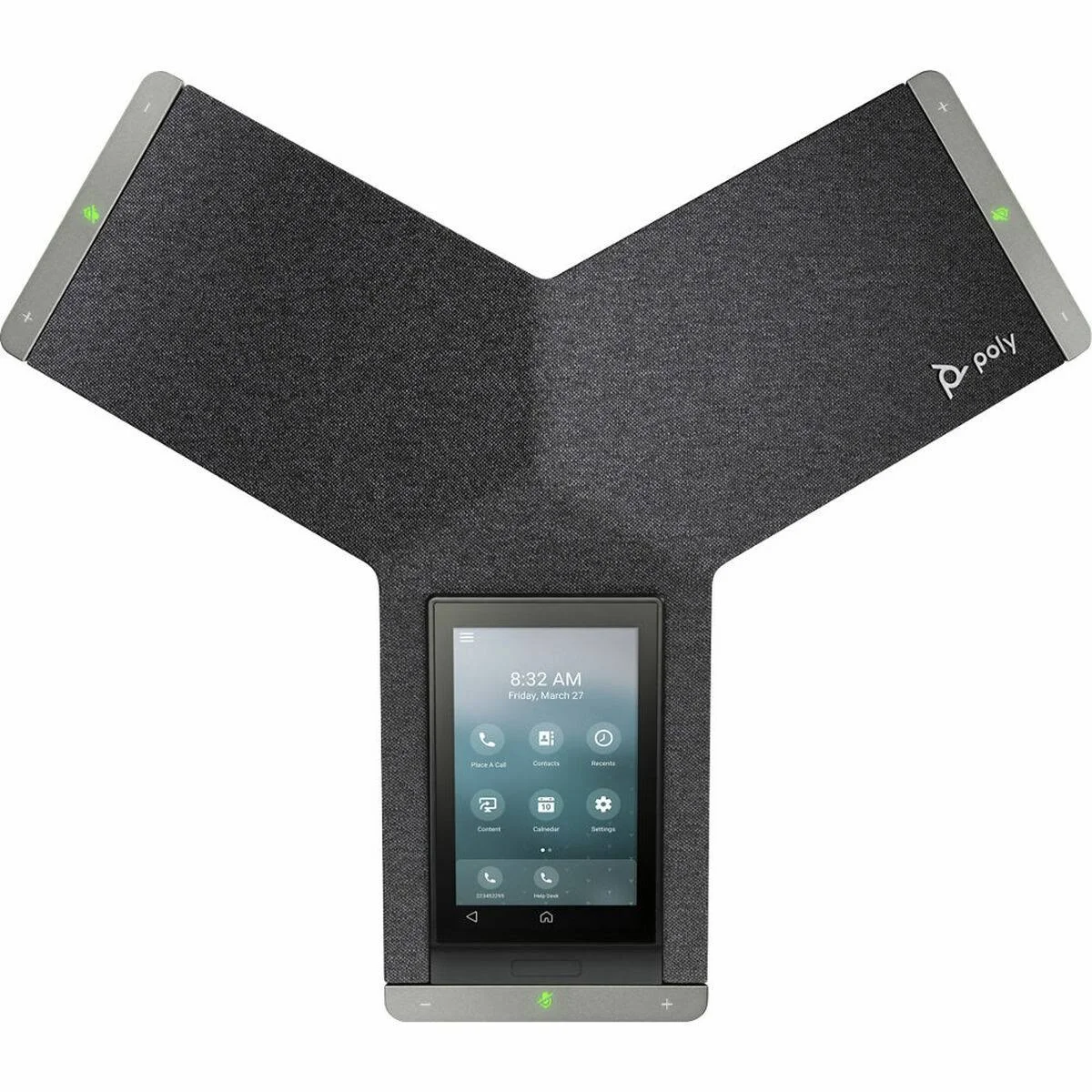 Telefono per conferenze Poly nero con touchscreen. Lo sfondo è bianco.