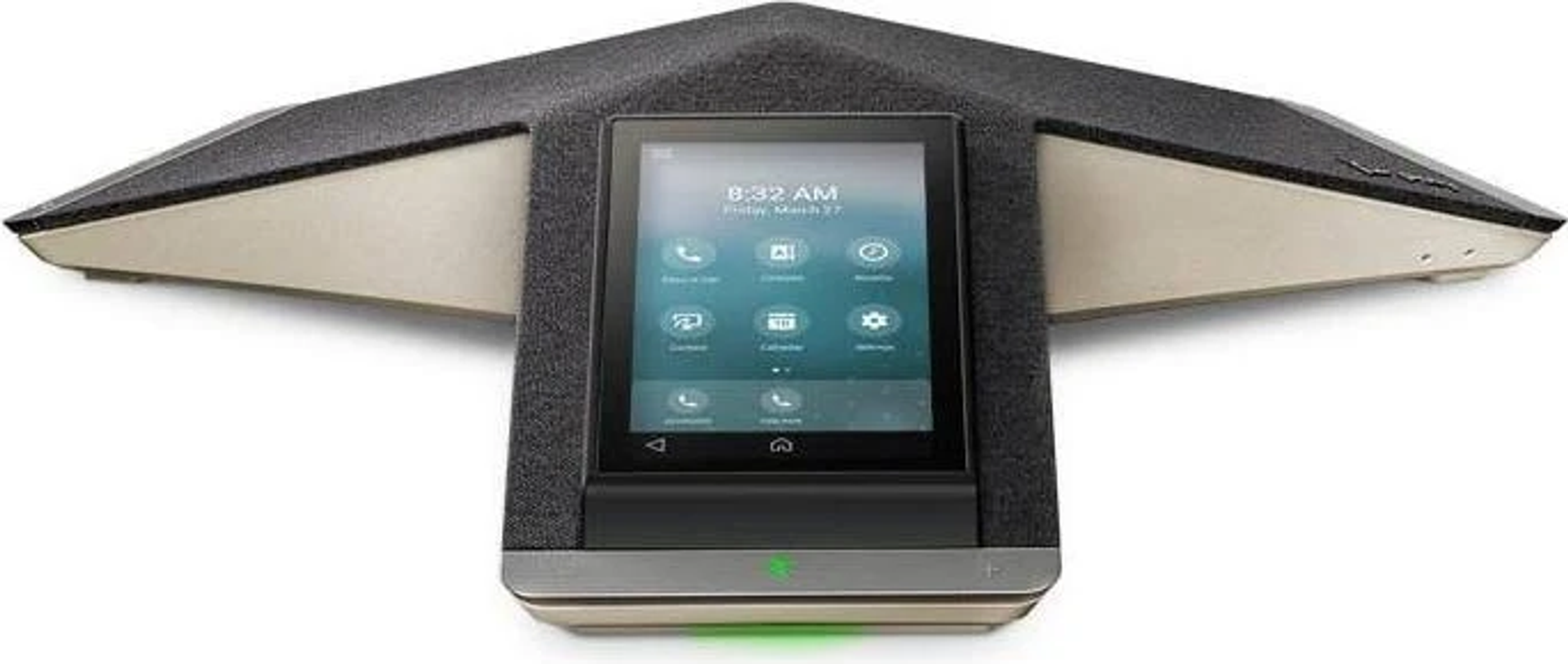 Un telefono per conferenze nero e grigio. Ha uno schermo e una luce verde.