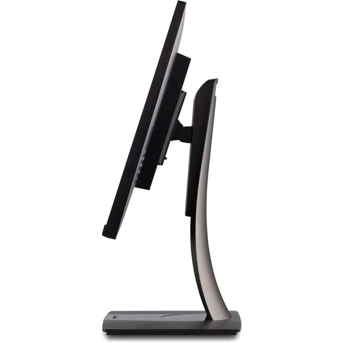 Widok z boku czarnego monitora komputera z zakrzywioną podstawą. Jest na białej powierzchni.