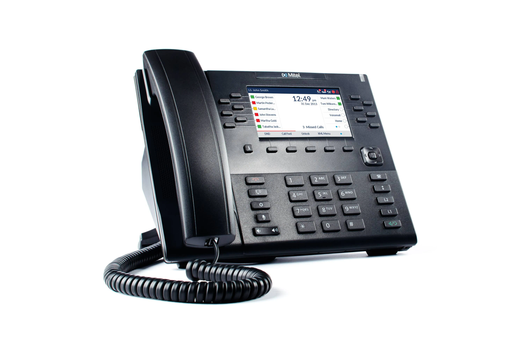 Telefono da ufficio nero con schermo e pulsanti su una superficie bianca.