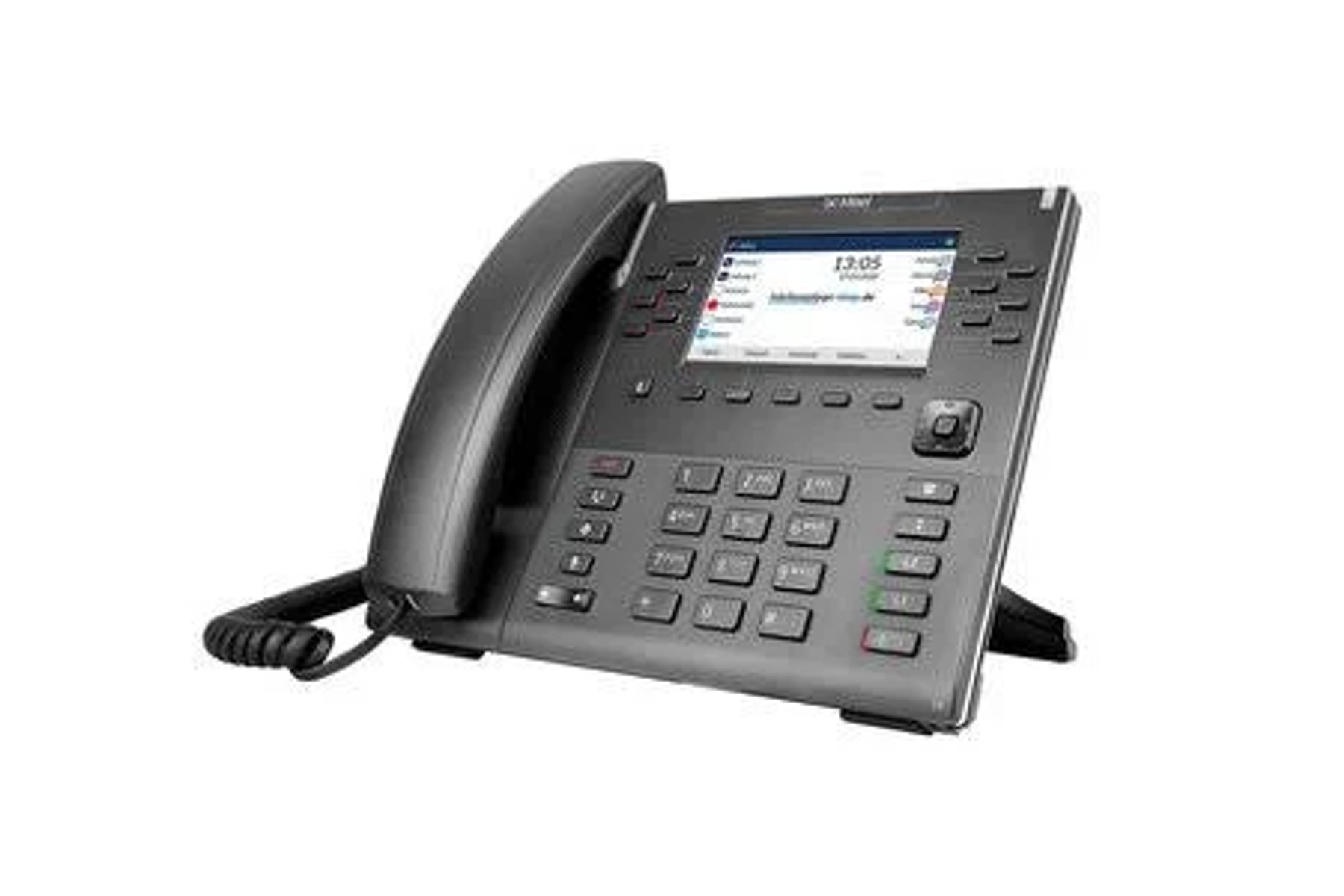 Un telefono da ufficio nero con un display che mostra l'ora. Il telefono ha più pulsanti.