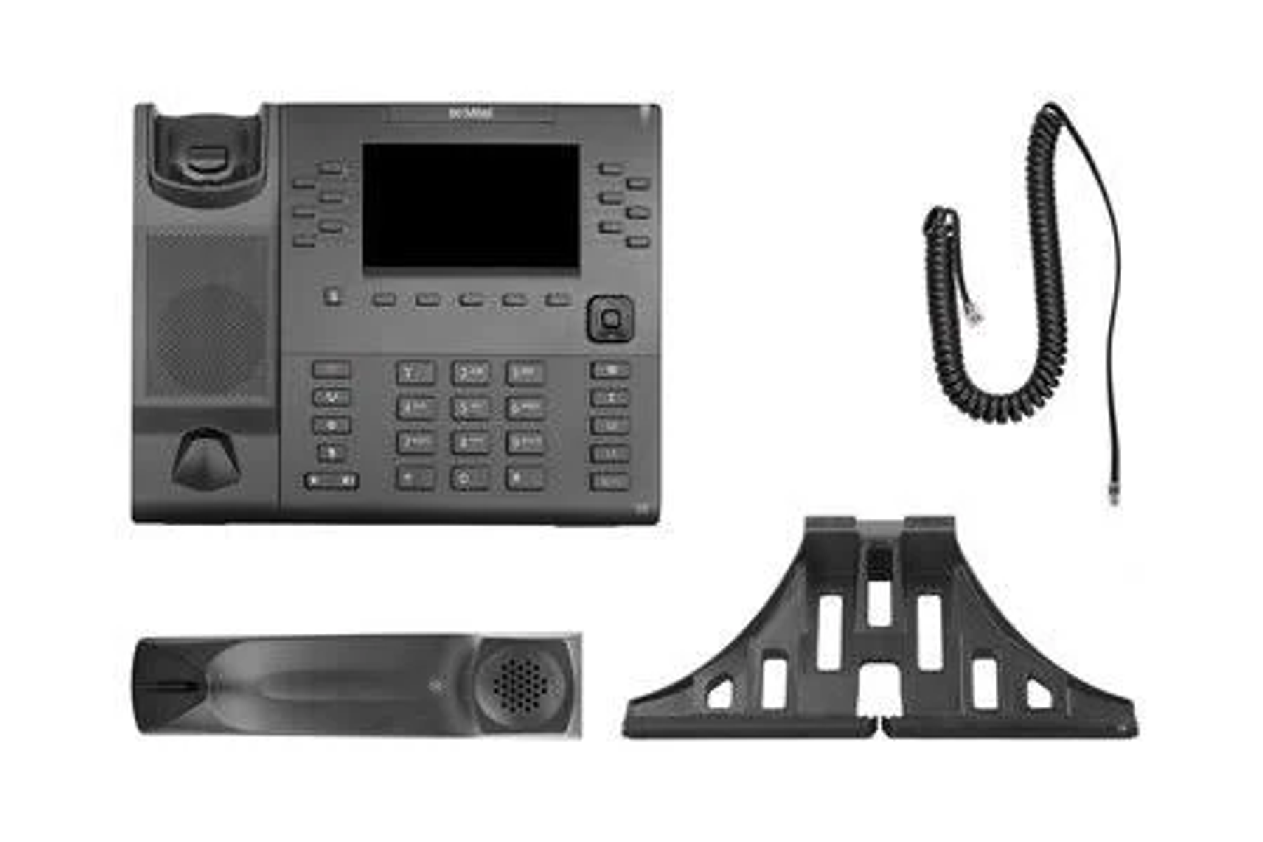 Apparecchio telefonico con cornetta, base e supporto su sfondo bianco.