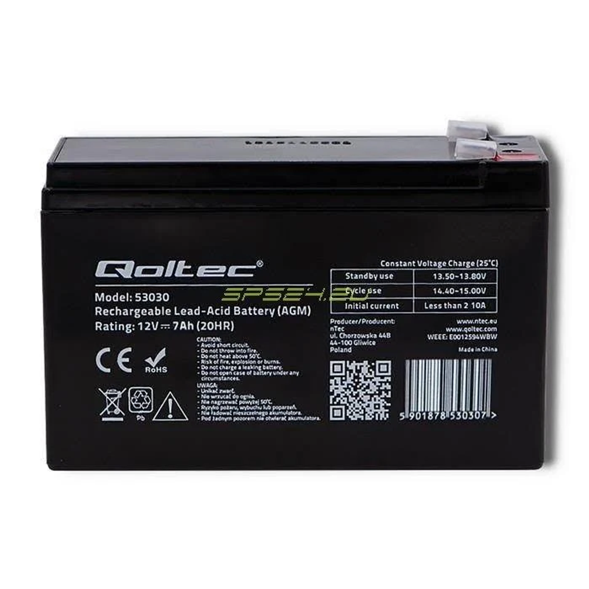 Schwarze Batterie mit Etikett. Es hat den Text 'Qoltec' und andere technische Daten.