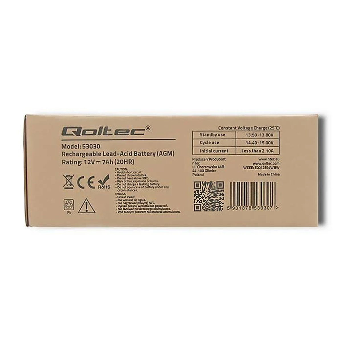 Eine rechteckige Box mit Text und einem QR-Code, die Produktinformationen zeigt.