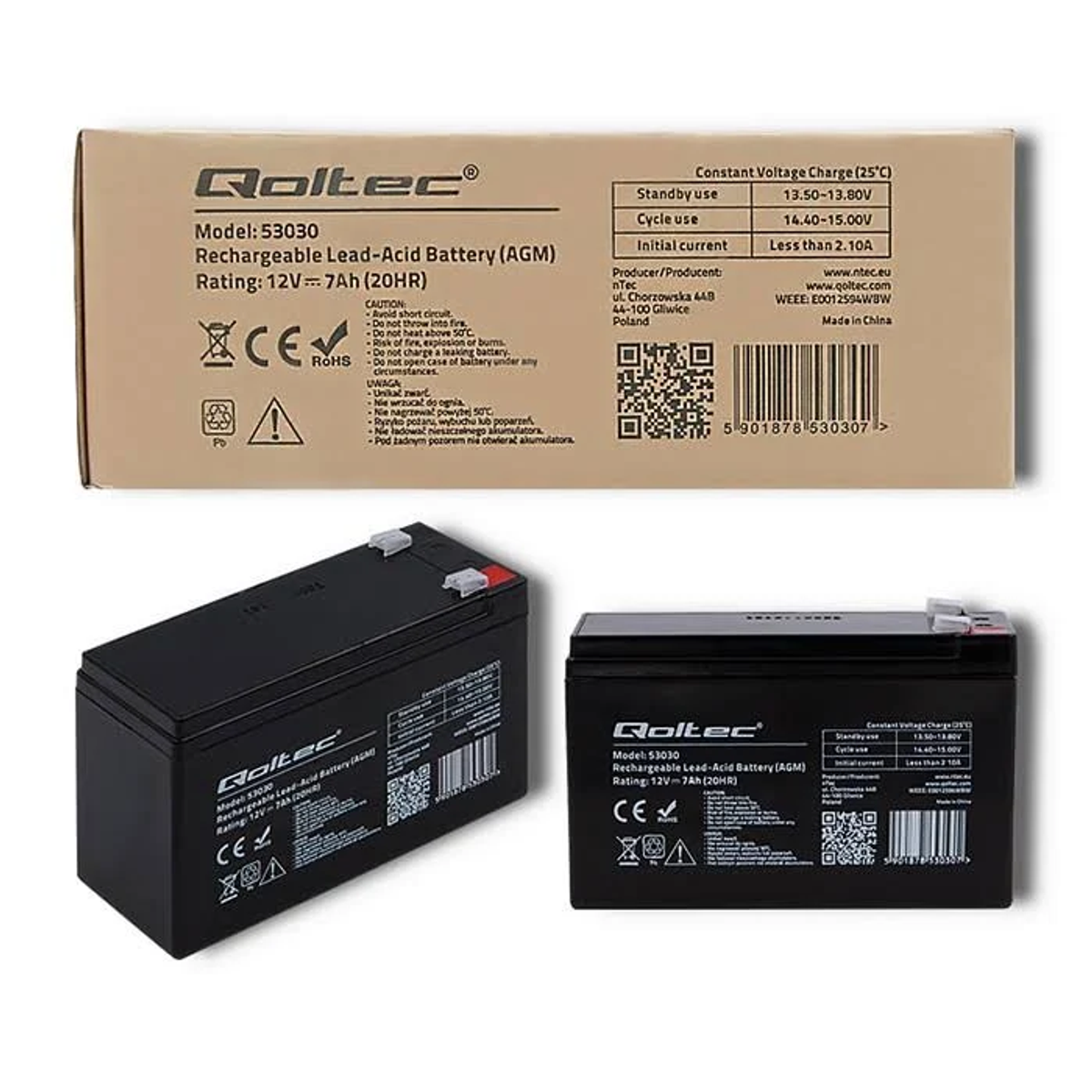 Rechteckige Batteriebox mit Textetiketten. Zwei Boxen sind abgebildet, eine offen, eine geschlossen.