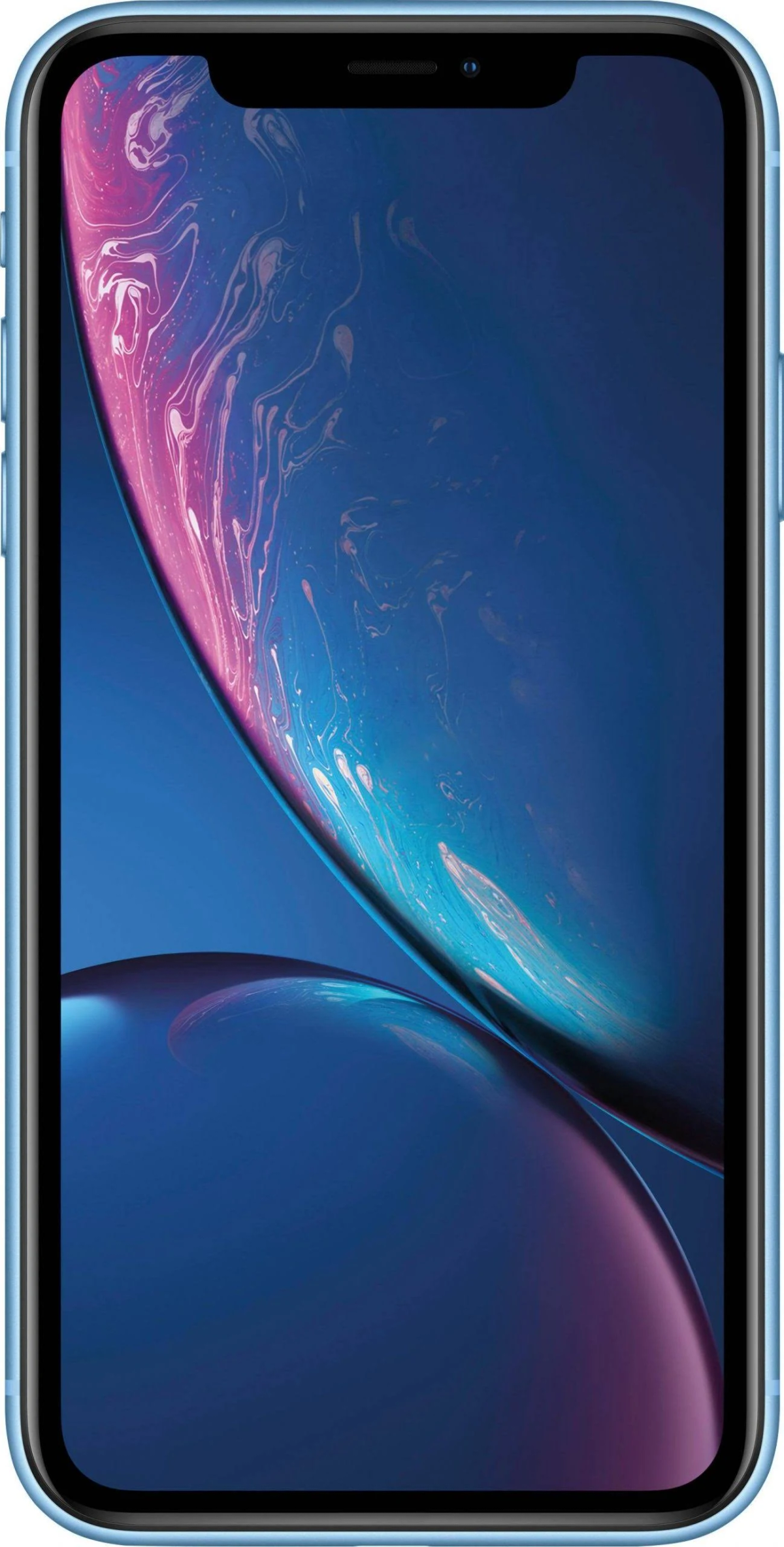 Hellblaues iPhone XR mit farbenfrohem, abstraktem Hintergrundbild.
