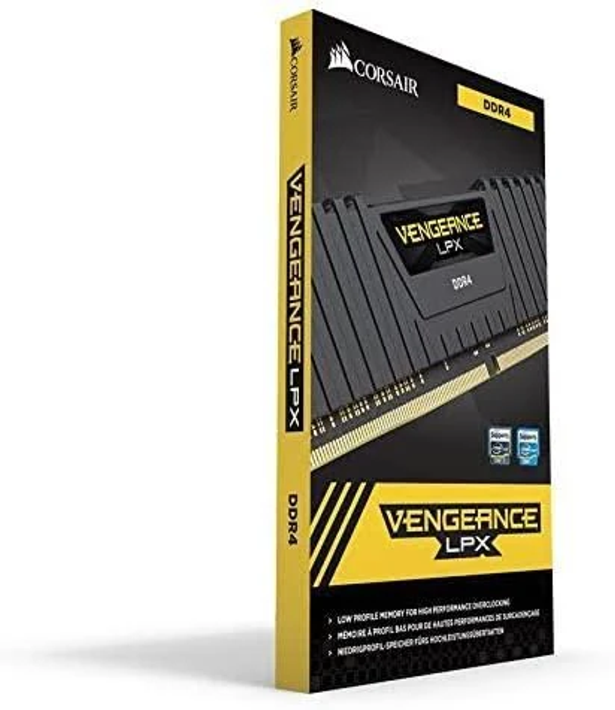 Una scatola di RAM DDR4 Corsair Vengeance LPX. Design giallo e nero. Sfondo bianco.