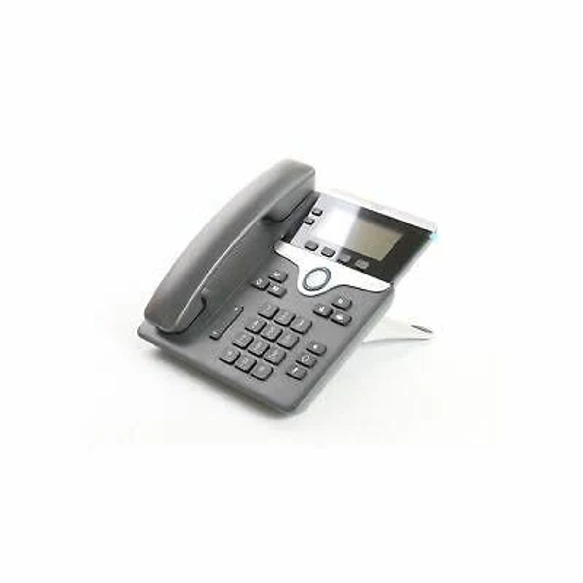 Szary telefon biurowy z wyświetlaczem i przyciskami, na białym tle. Widok z góry.
