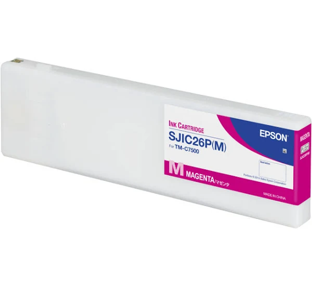 Cartucho de tinta blanco, etiqueta magenta, texto negro, marca Epson.