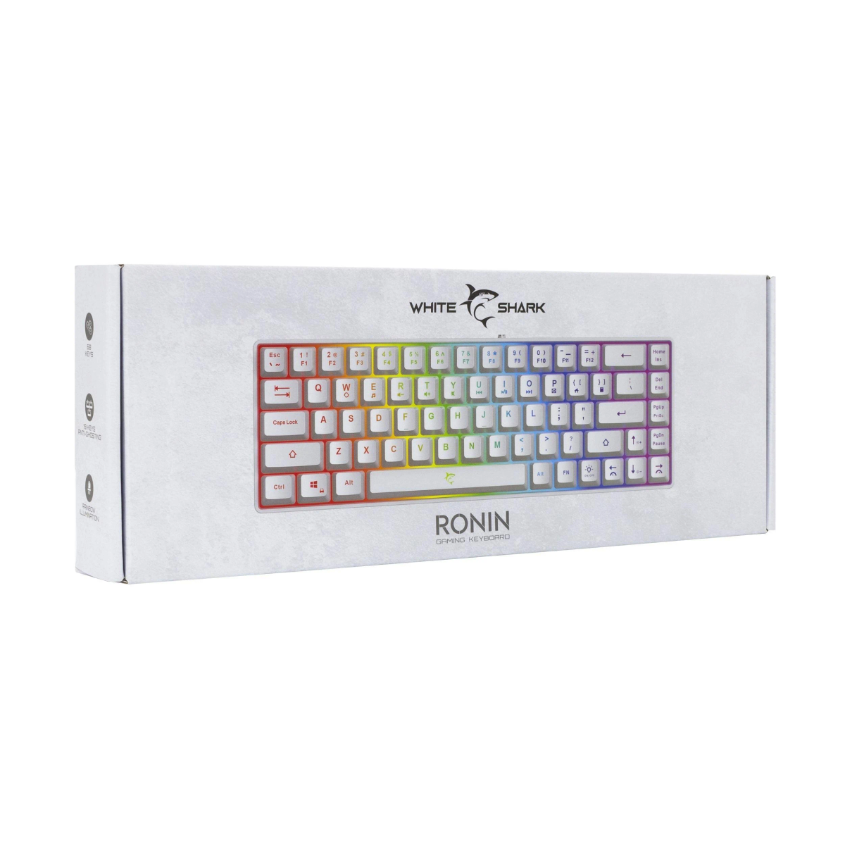 White Shark Ronin Gaming-Tastatur in der Verpackung, mit beleuchteten Regenbogen-Tasten.
