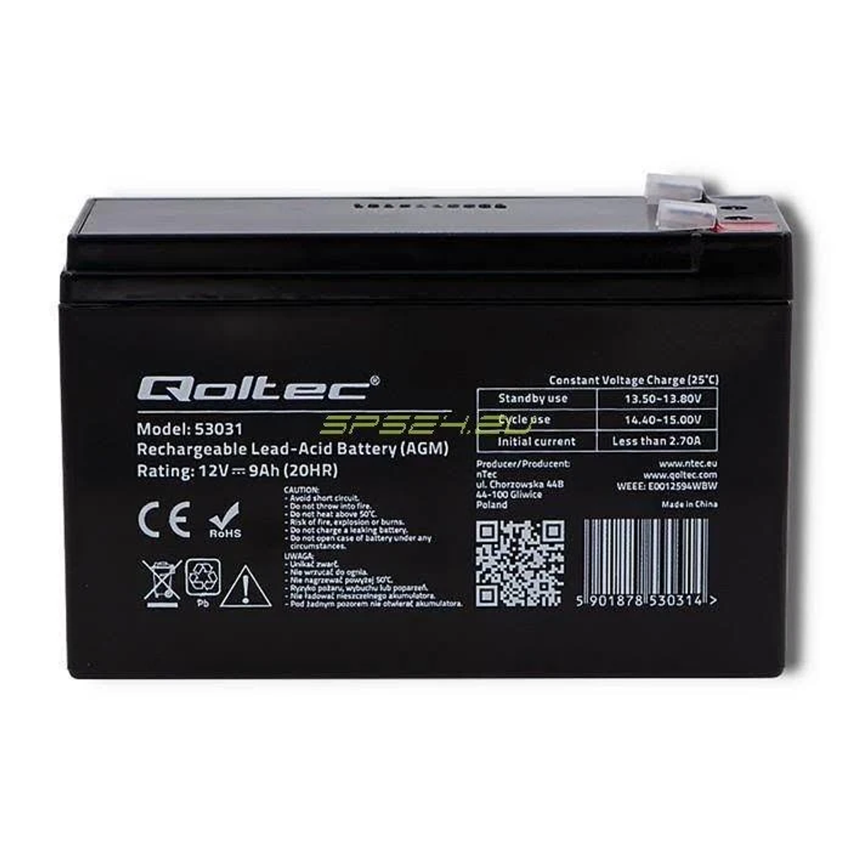 Eine Blei-Säure-Batterie wird gezeigt, gekennzeichnet mit Modellnummer, Spannung und Warnhinweisen. Sie ist schwarz mit weißem Etikett.