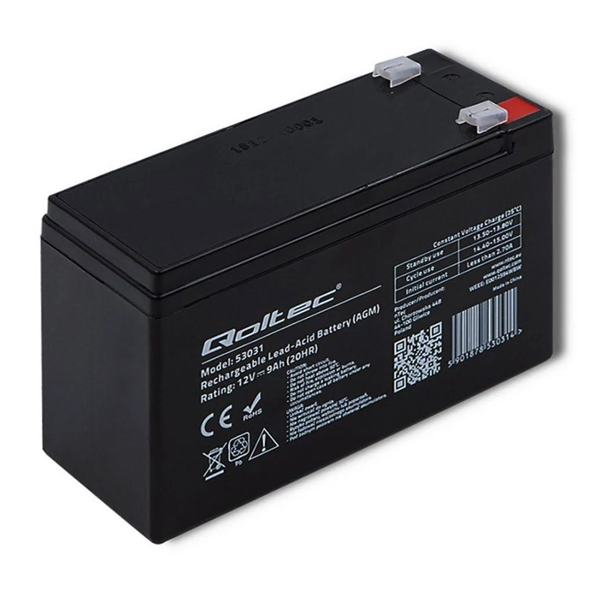 Eine schwarze, wiederaufladbare 12-V-Blei-Säure-Batterie mit Etiketten.