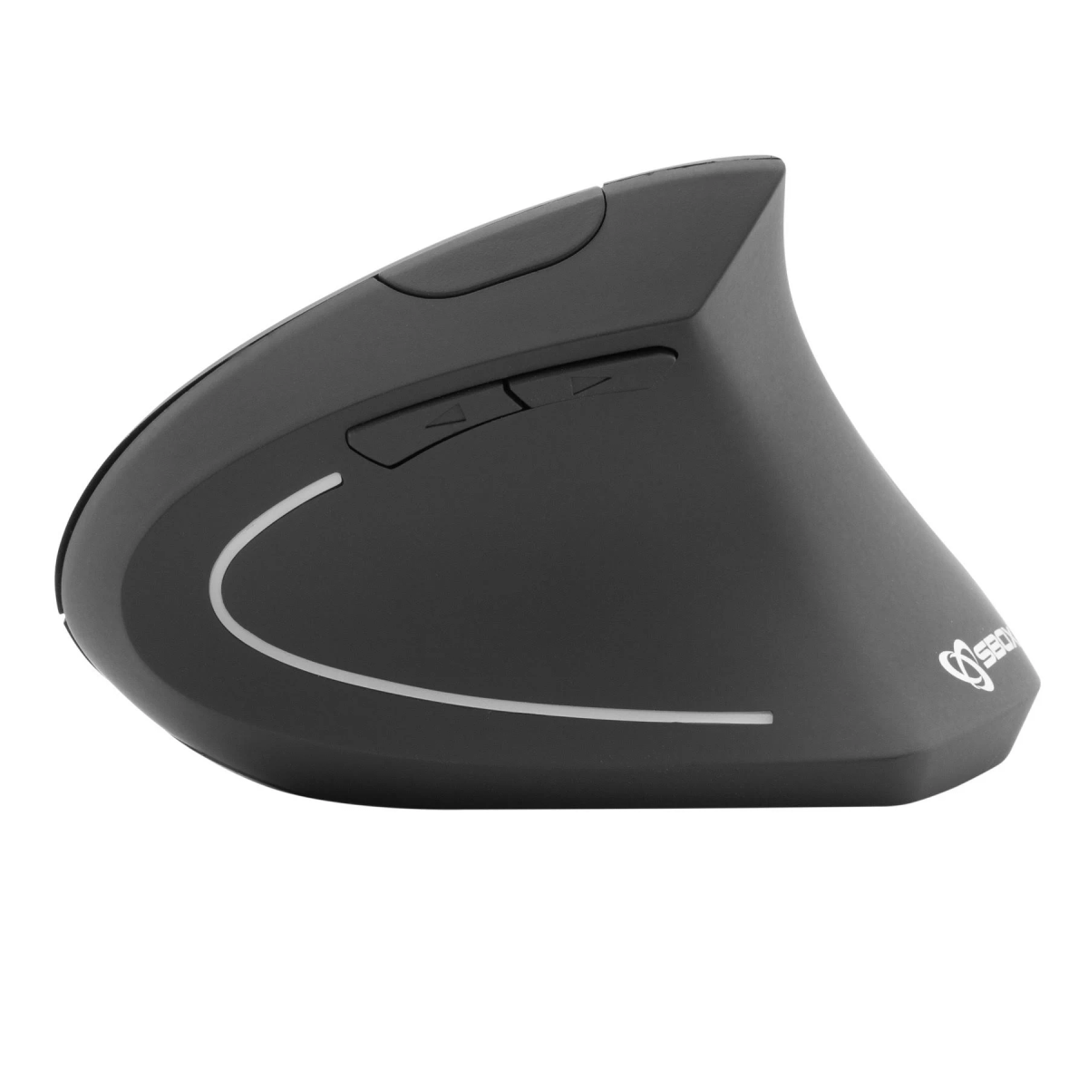 Schwarze ergonomische Maus mit zwei Tasten und einer weißen Akzentlinie.