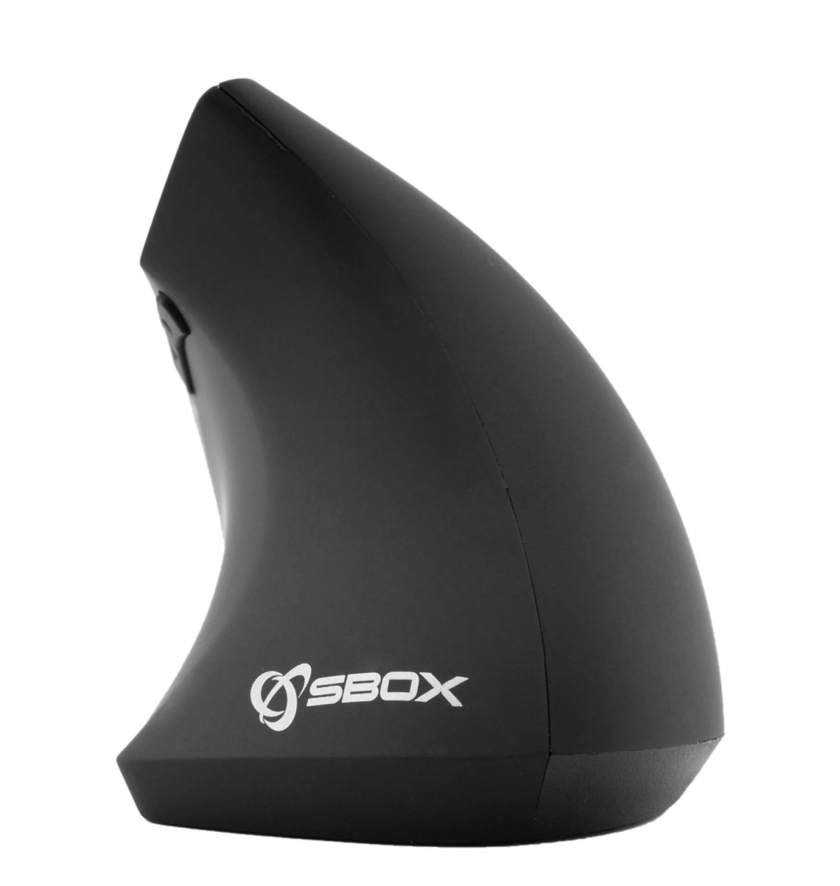 Eine schwarze vertikale Maus mit ergonomischem Design, betitelt mit dem SBOX-Logo.