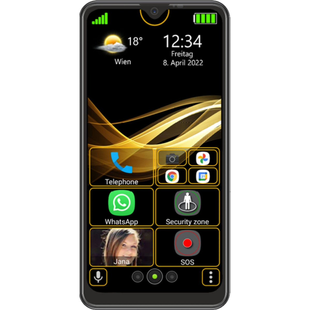 Smartphone nero con schermo grande che mostra ora, data, meteo e icone delle app. Le app includono Telefono, WhatsApp.