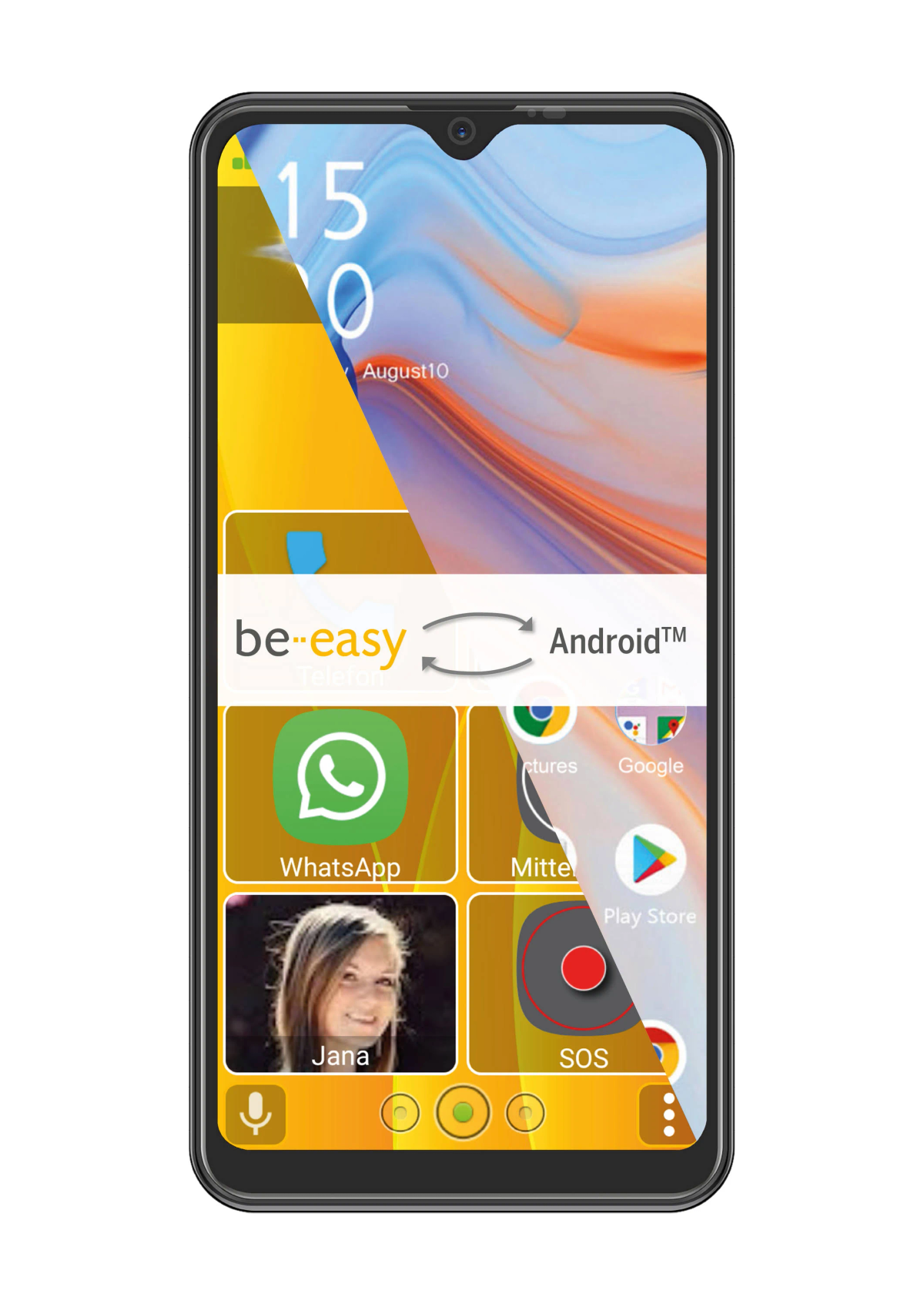 Uno schermo di smartphone che mostra una schermata iniziale con icone di app. La data e l'ora sono visibili.