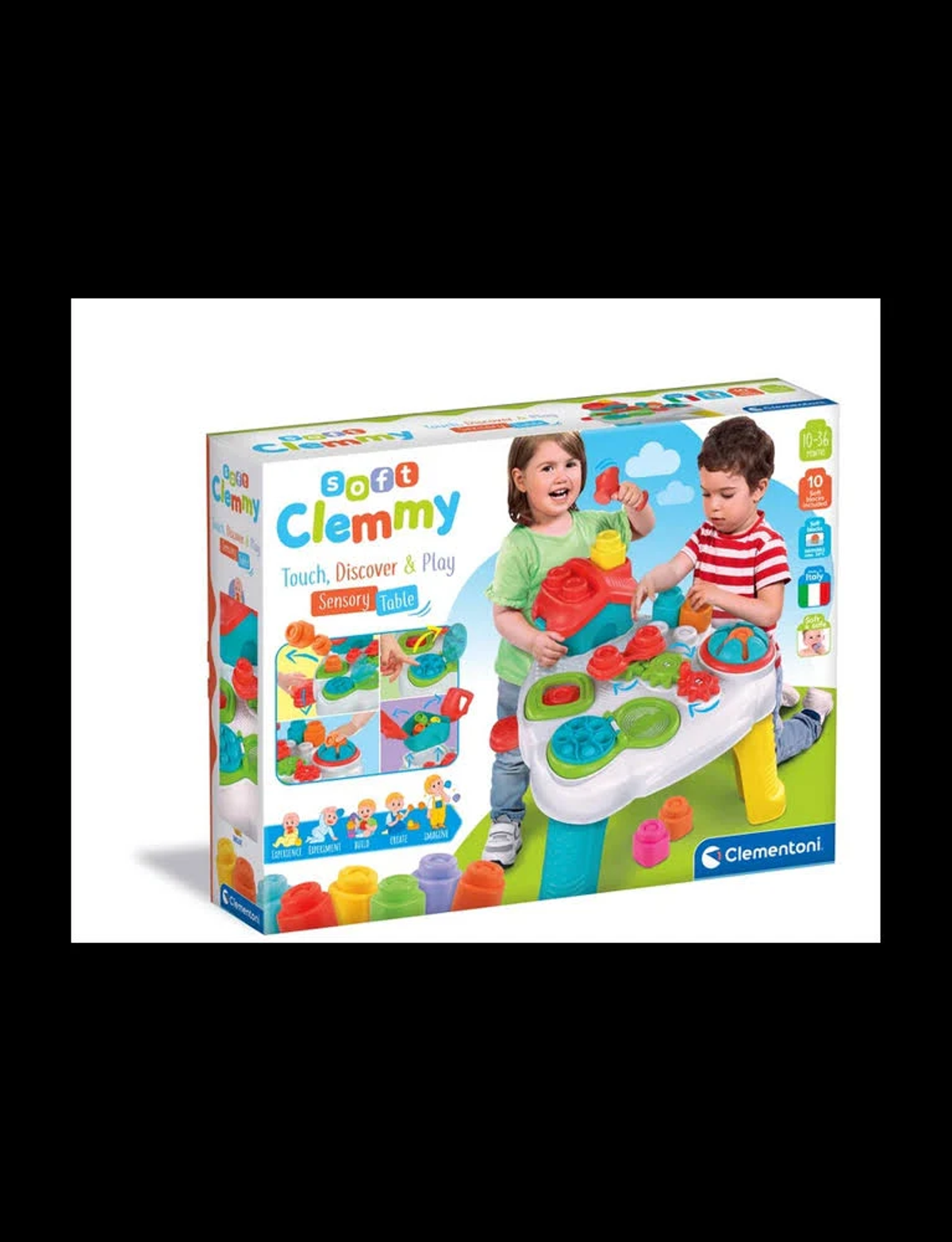 Caja de un juguete infantil con imágenes de niños jugando. Fondo: negro.