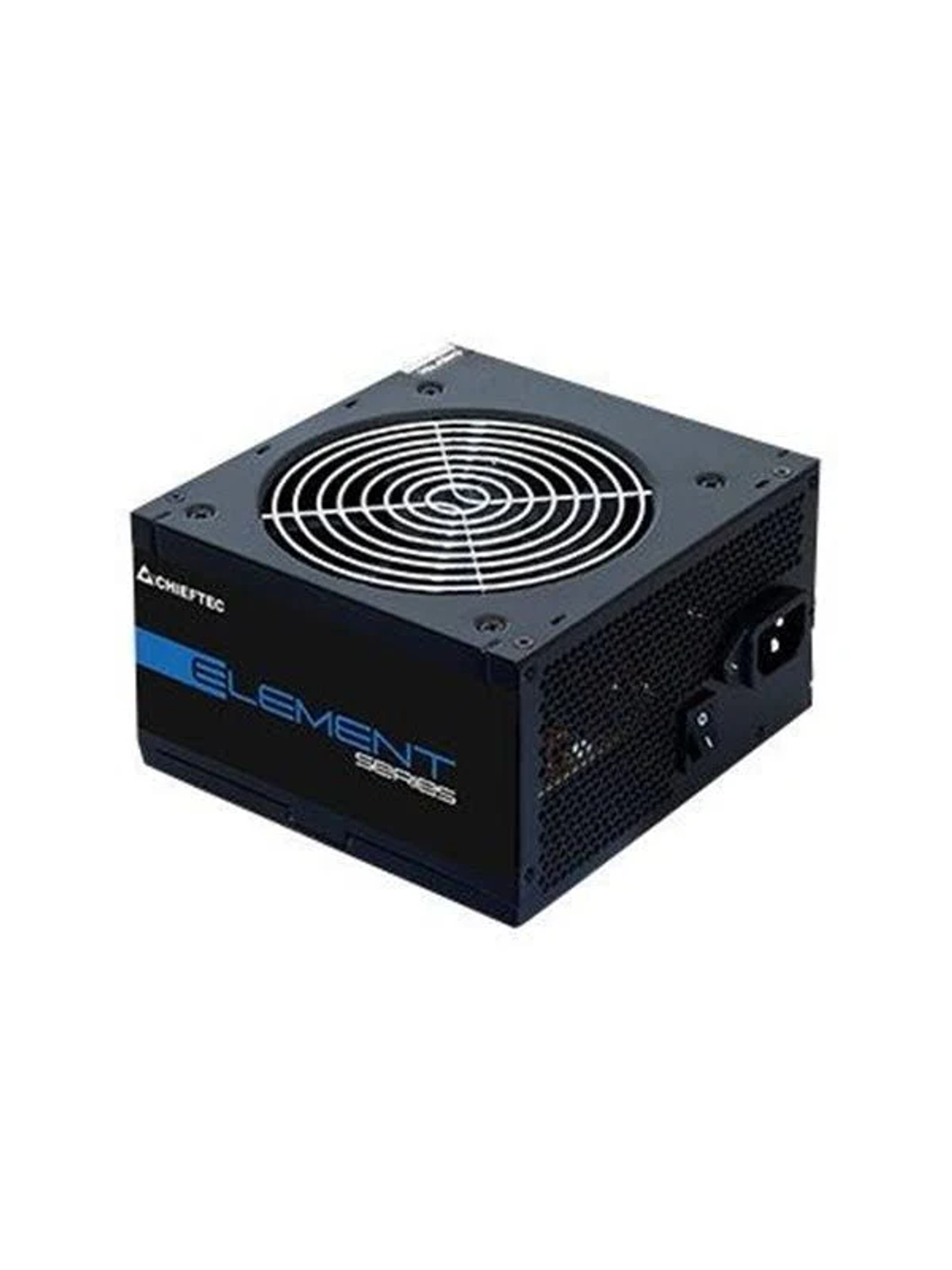 Un alimentatore nero e blu con ventola, etichettato 'ELEMENT SERIES'.
