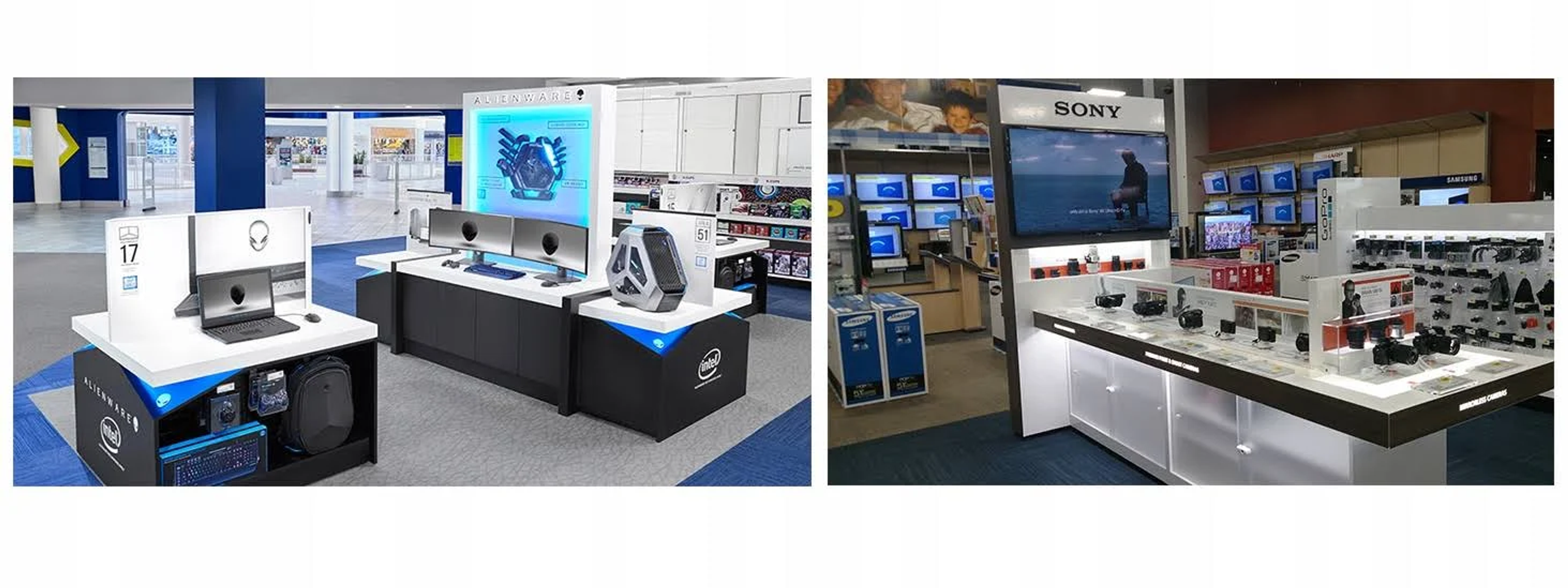 Più display di elettronica in un negozio, inclusi computer e fotocamere.