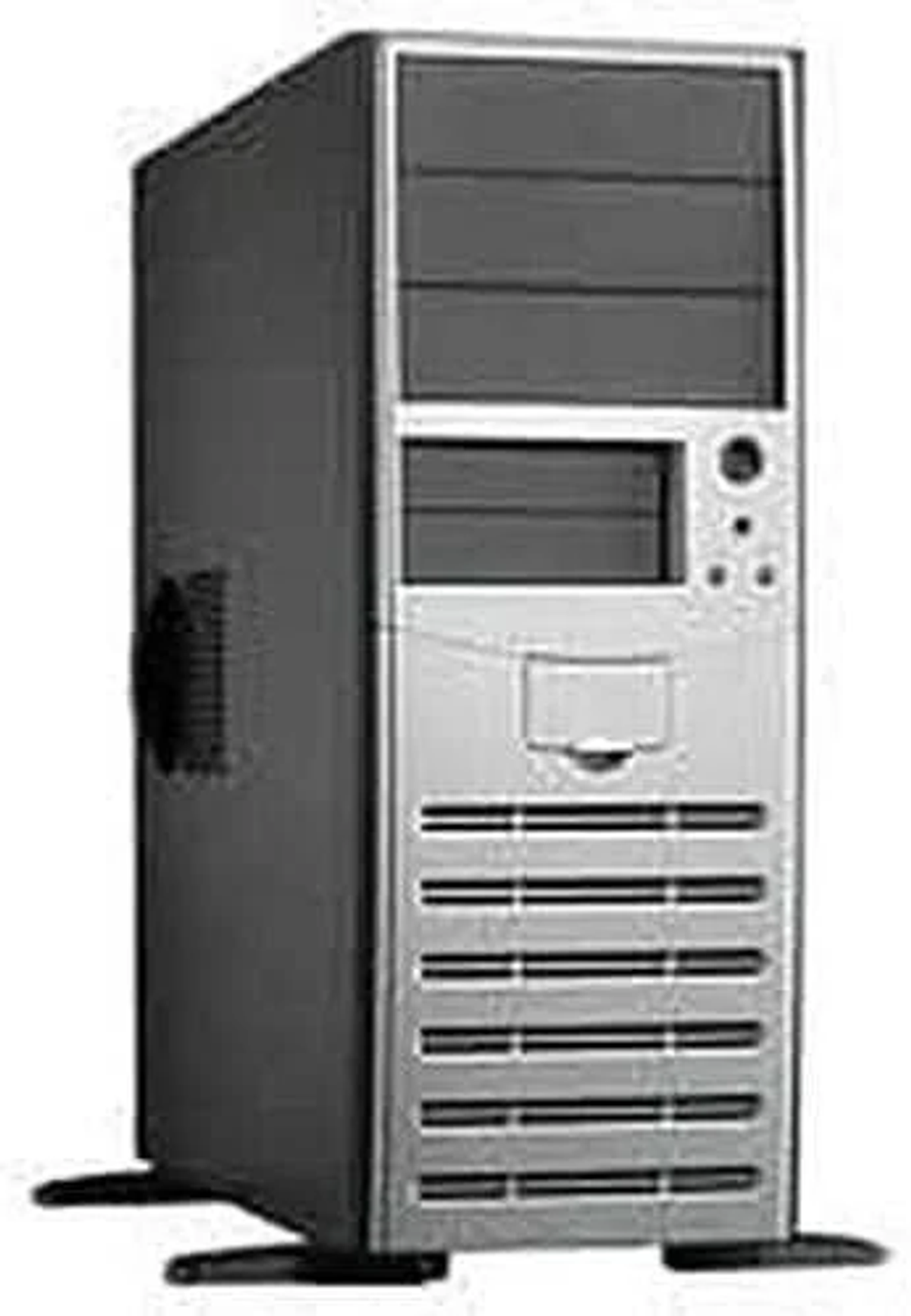 Un tower computer argento e nero, con multiple fessure di ventilazione e un pannello frontale solido.