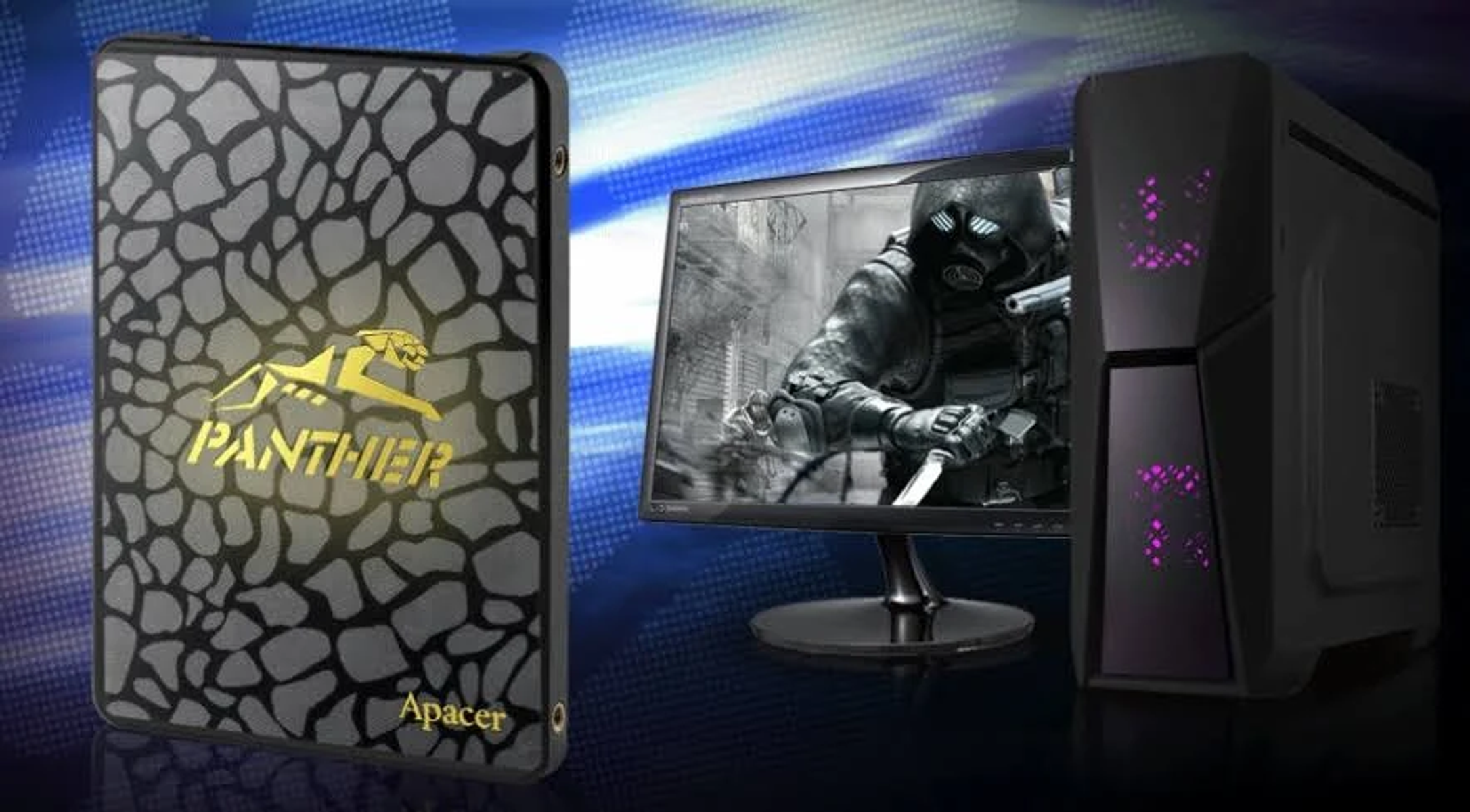 Panter logolu SSD sürücü ve monitörde oyuncu sahnesi olan bir PC. Apacer logosu görünür.