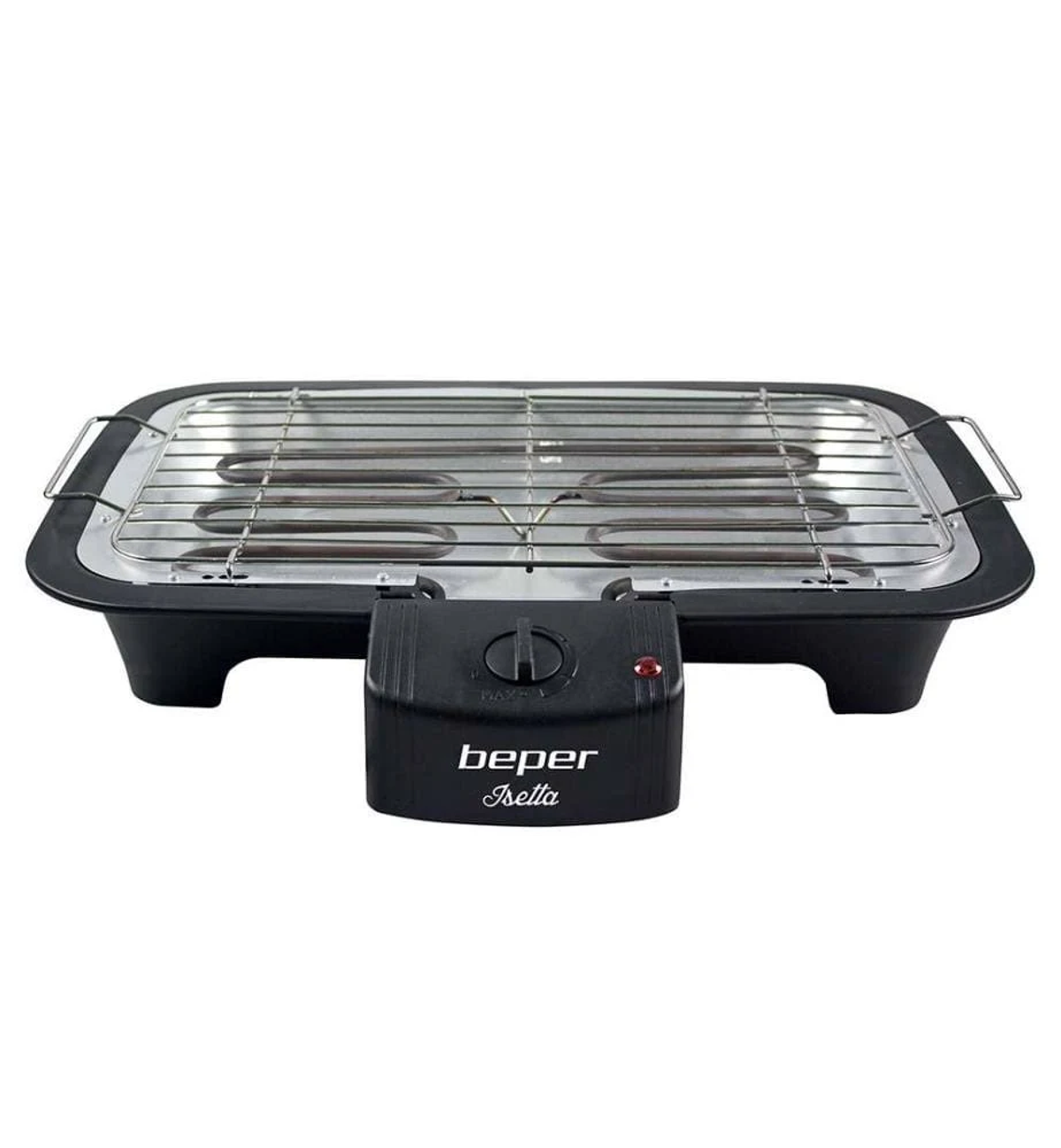 Czarny grill elektryczny z chromowanymi akcentami i panelem sterowania. Białe tło.